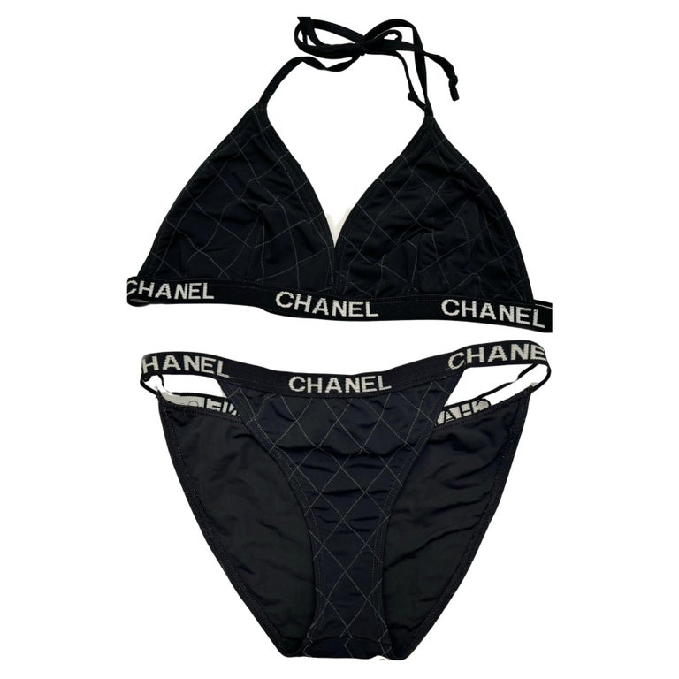Rare and collector Chanel Cruise 1994 black quilted white logo bikini For  Sale at 1stDibs