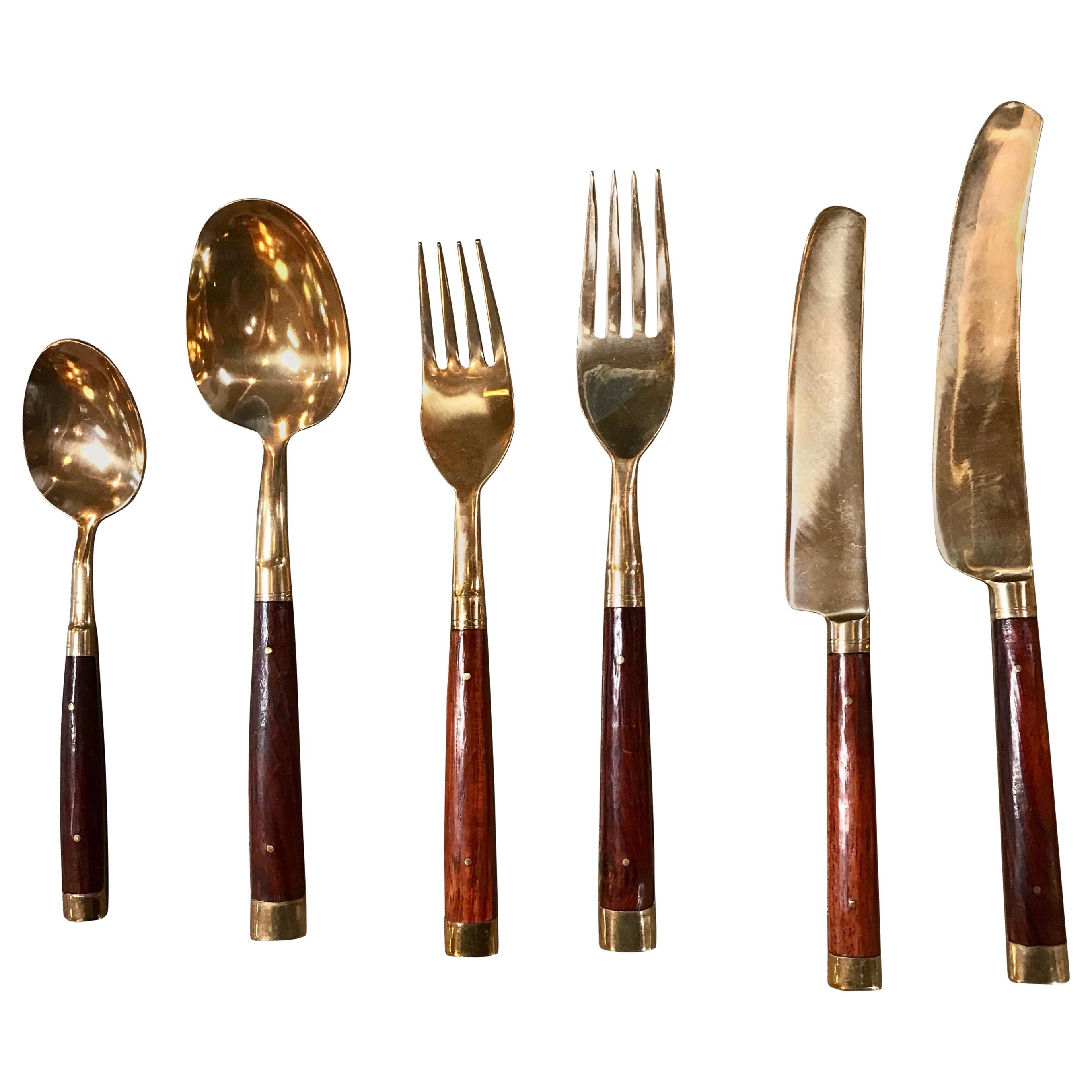 Rare and Complete Tableware Set of 36 Pz in Brass and Wood, Italy, 1950s