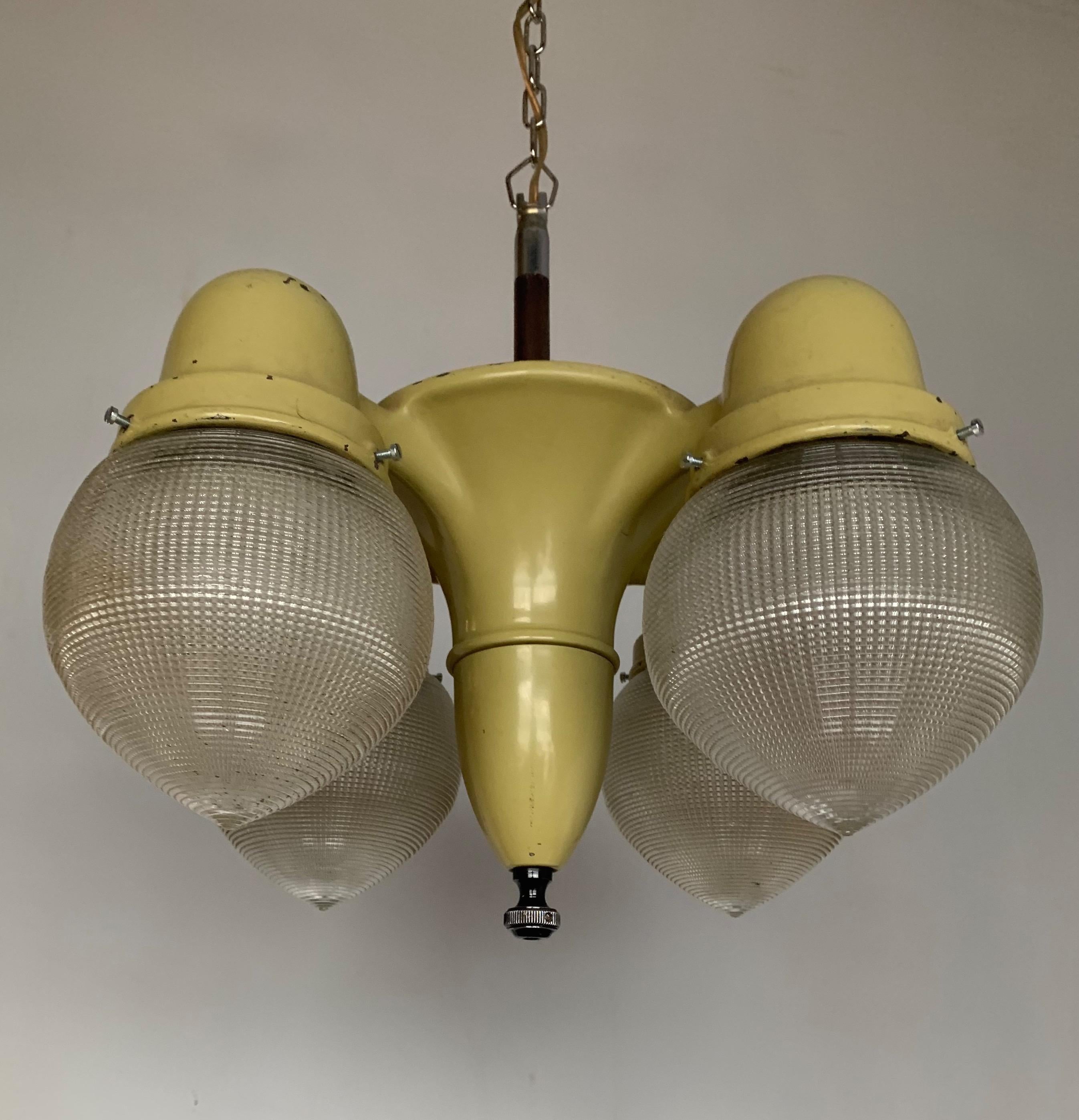 Rare and Cool Midcentury Industrial Pendant Light with Prismatic Glass Shades 4