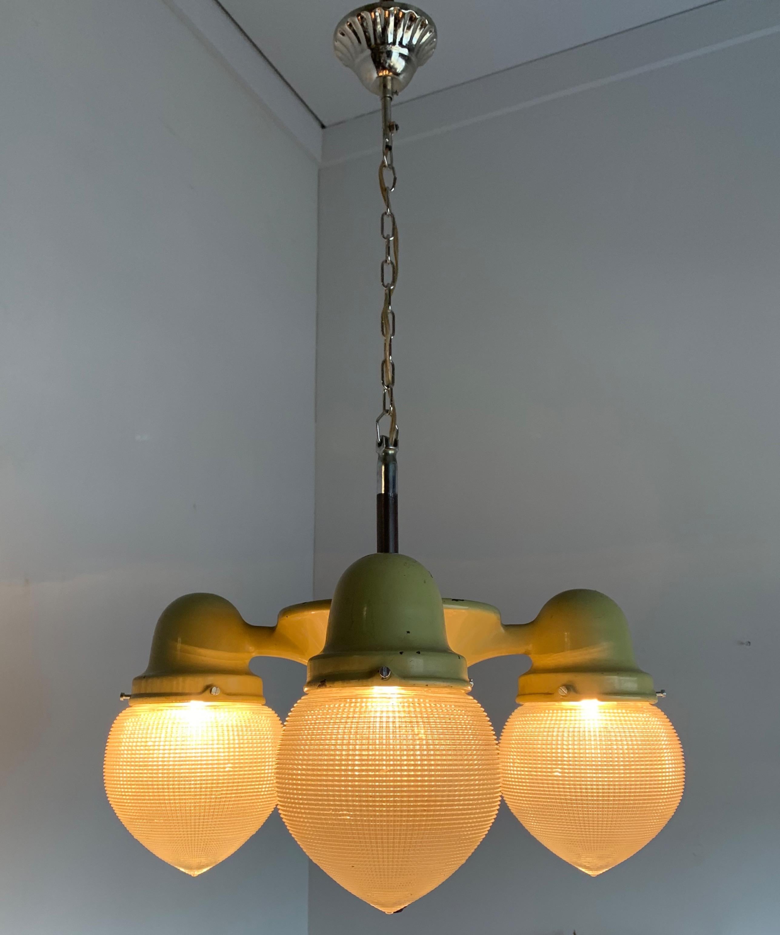 Rare and Cool Midcentury Industrial Pendant Light with Prismatic Glass Shades 5