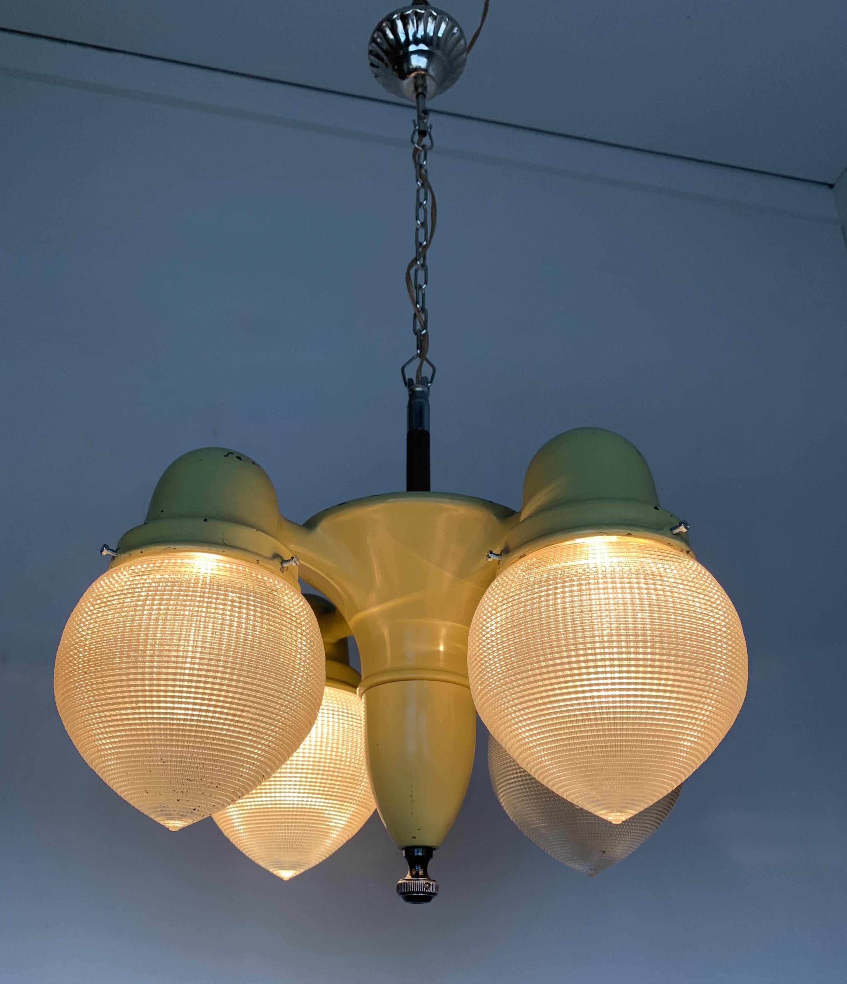 Rare and Cool Midcentury Industrial Pendant Light with Prismatic Glass Shades 6