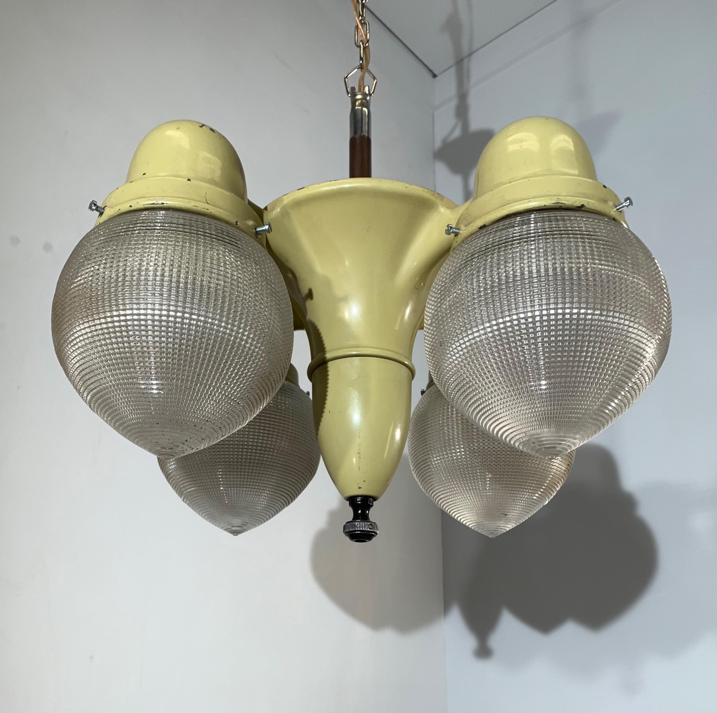 Rare and Cool Midcentury Industrial Pendant Light with Prismatic Glass Shades 7