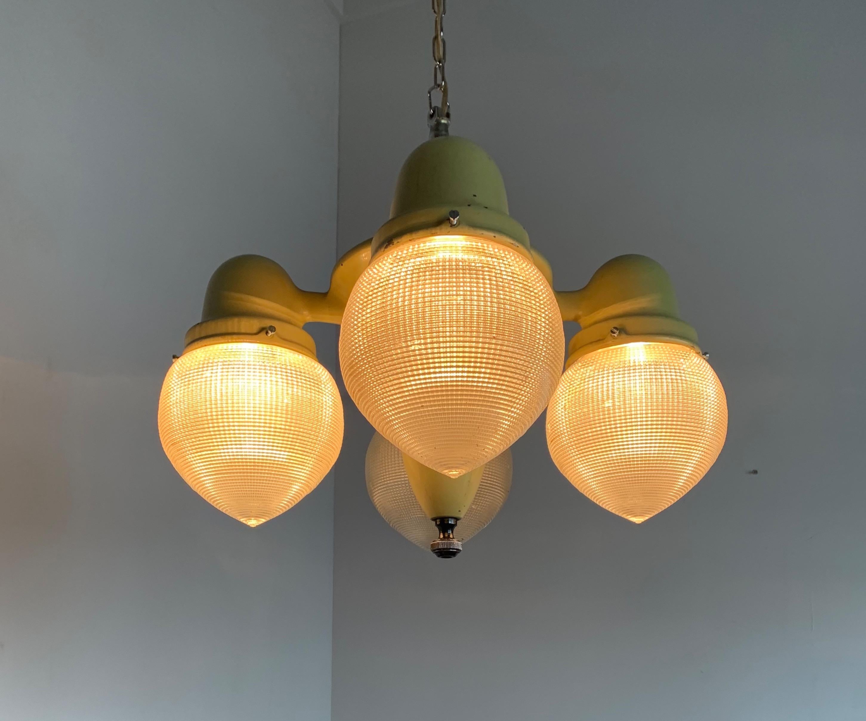 Rare and Cool Midcentury Industrial Pendant Light with Prismatic Glass Shades 10
