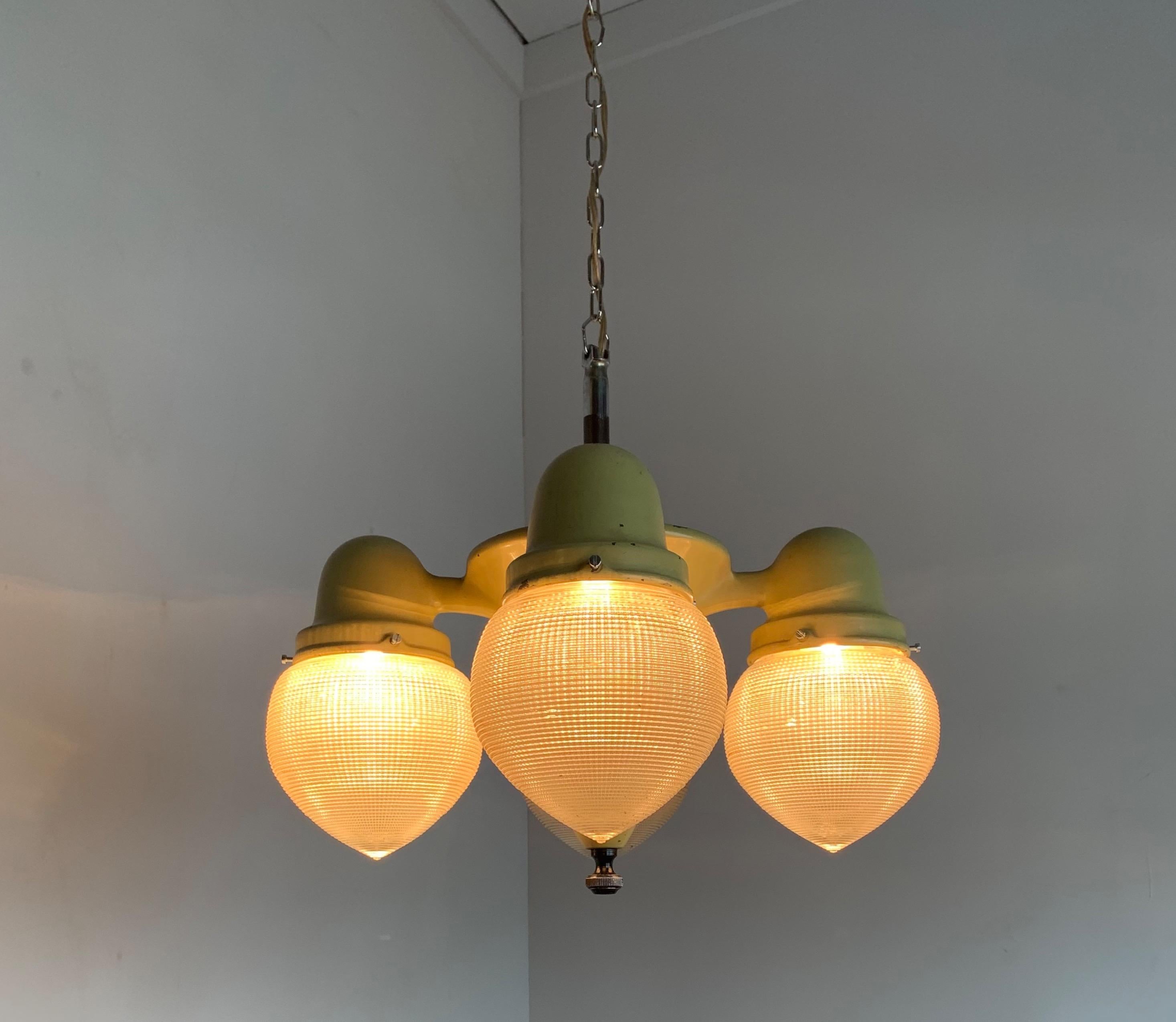 European Rare and Cool Midcentury Industrial Pendant Light with Prismatic Glass Shades