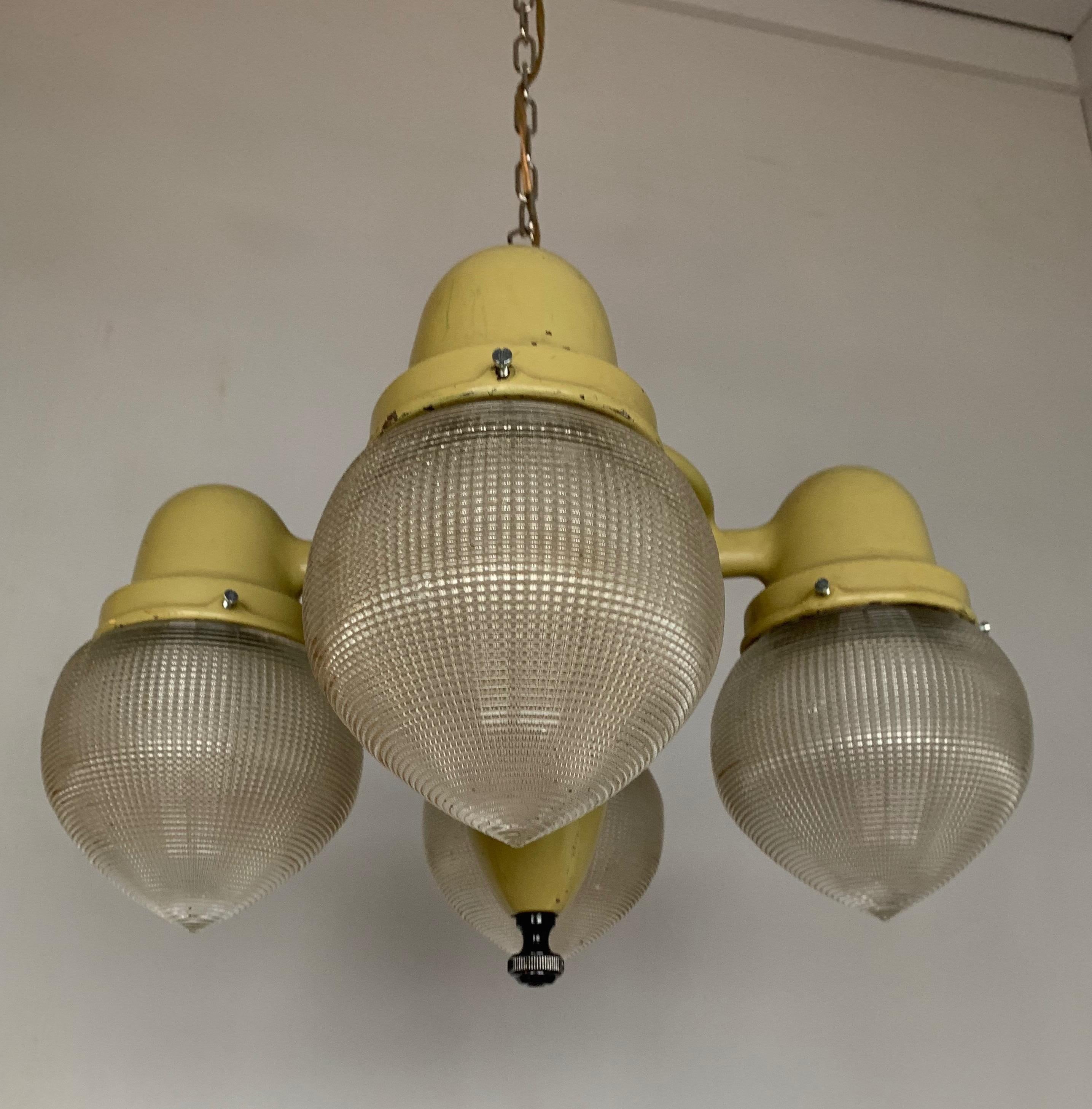 Hand-Crafted Rare and Cool Midcentury Industrial Pendant Light with Prismatic Glass Shades