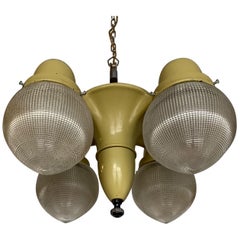 Rare and Cool Midcentury Industrial Pendant Light with Prismatic Glass Shades