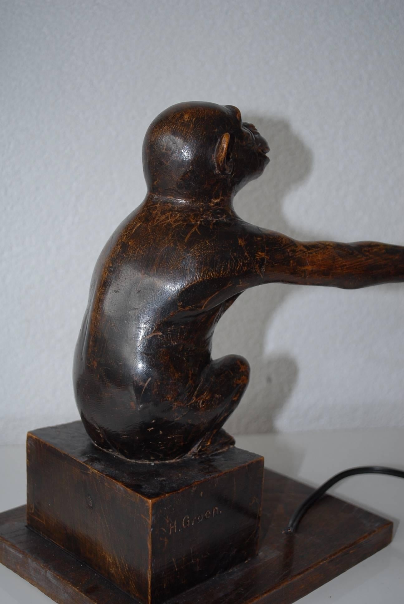 Rare and Decorative Carved Chimp, Monkey Wooden Table or Desk Lamp Early 1900 1
