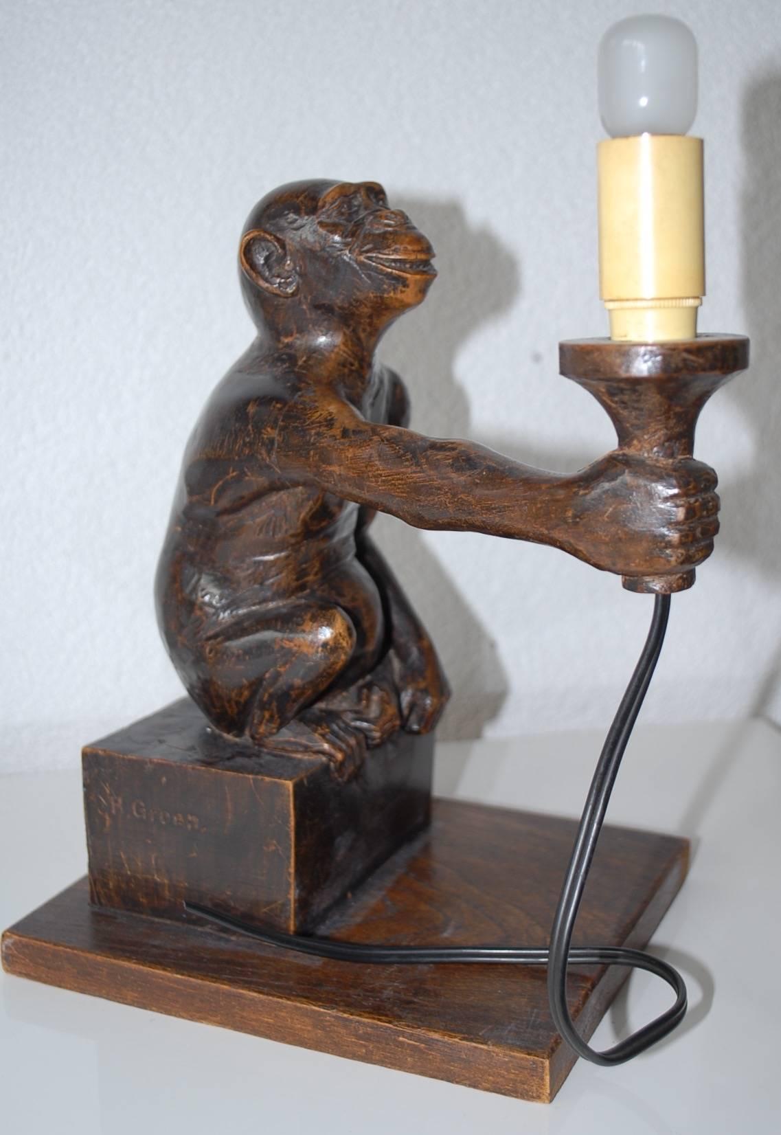 Rare and Decorative Carved Chimp, Monkey Wooden Table or Desk Lamp Early 1900 2