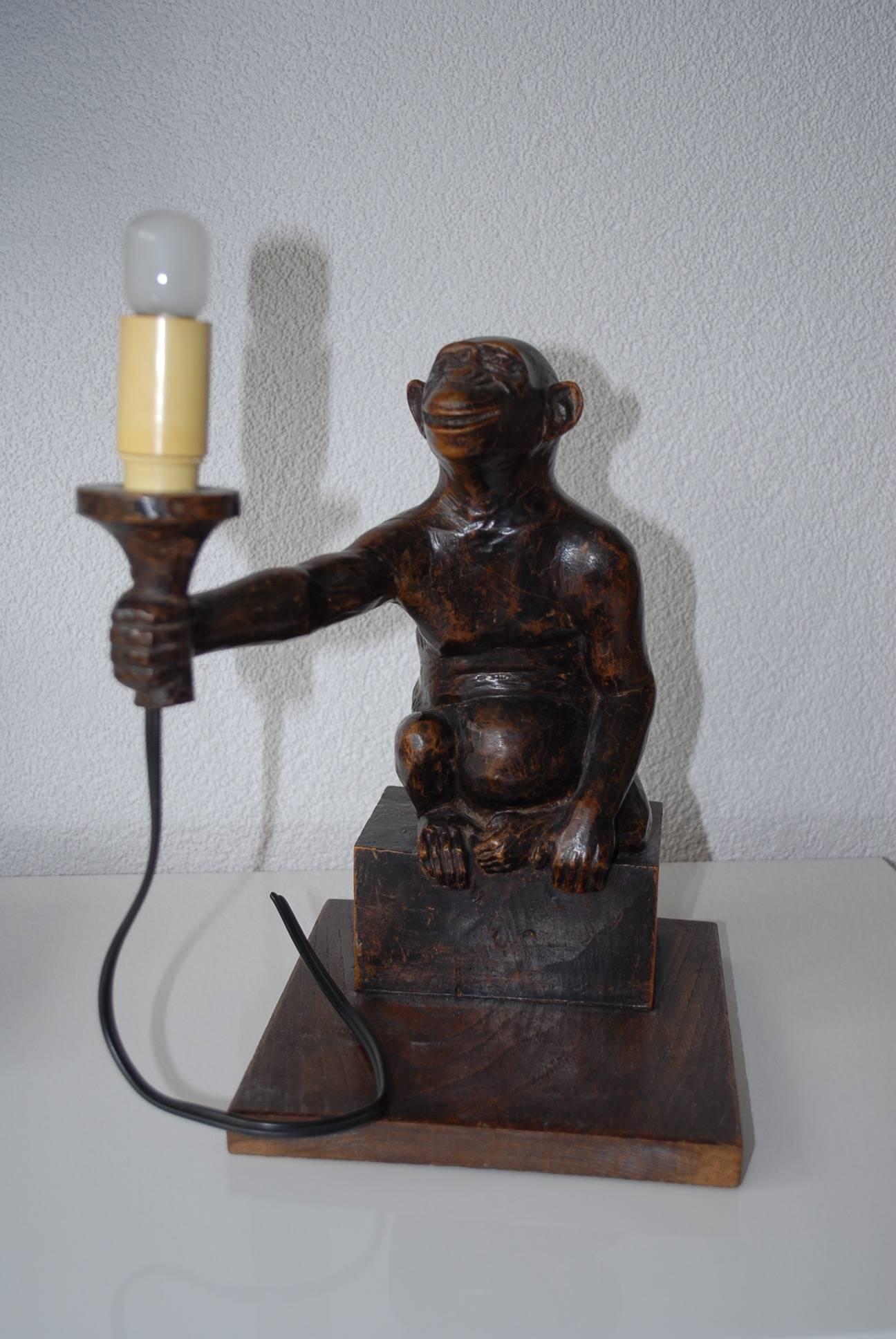 Rare and Decorative Carved Chimp, Monkey Wooden Table or Desk Lamp Early 1900 4