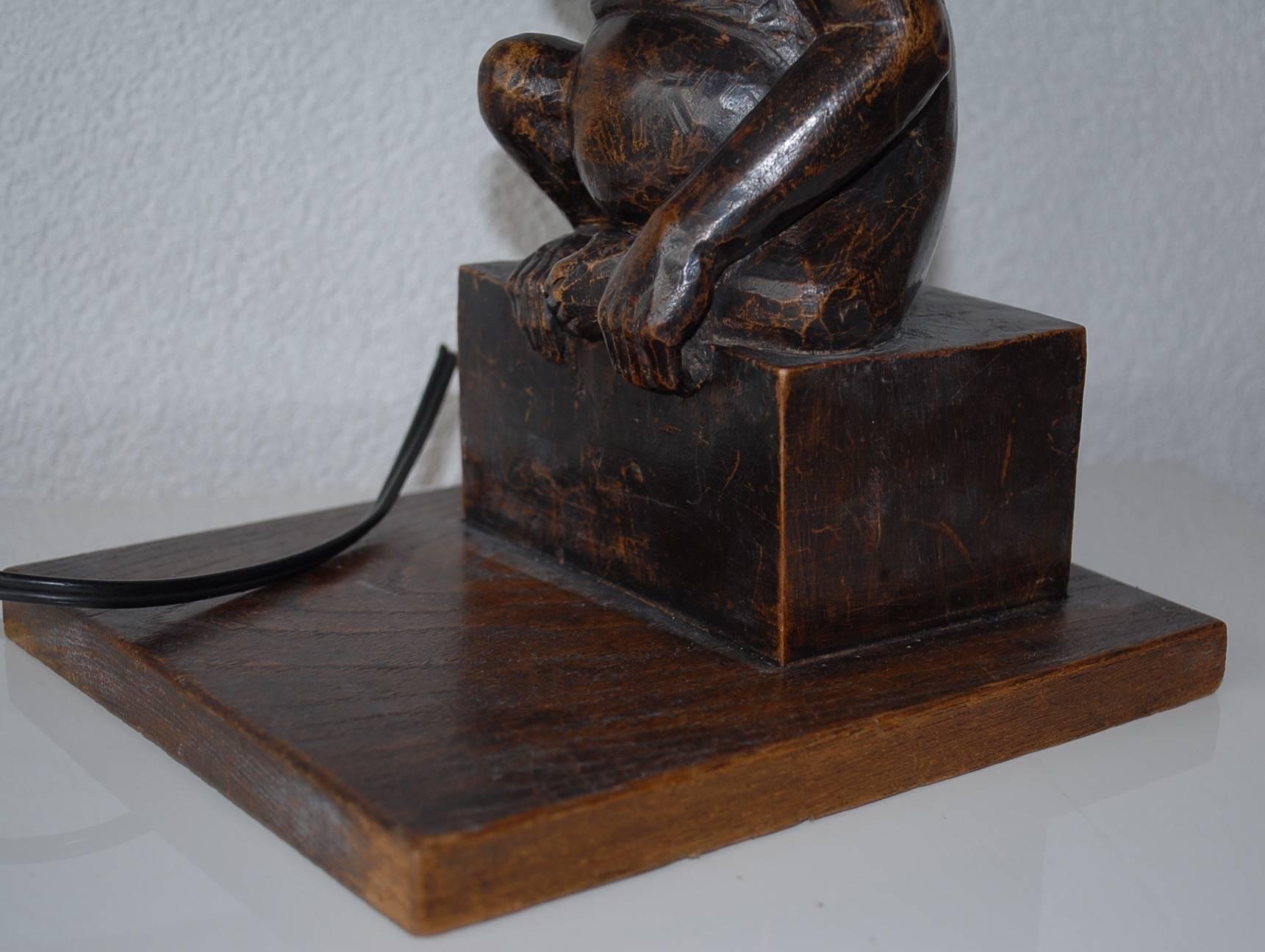 Rare and Decorative Carved Chimp, Monkey Wooden Table or Desk Lamp Early 1900 6