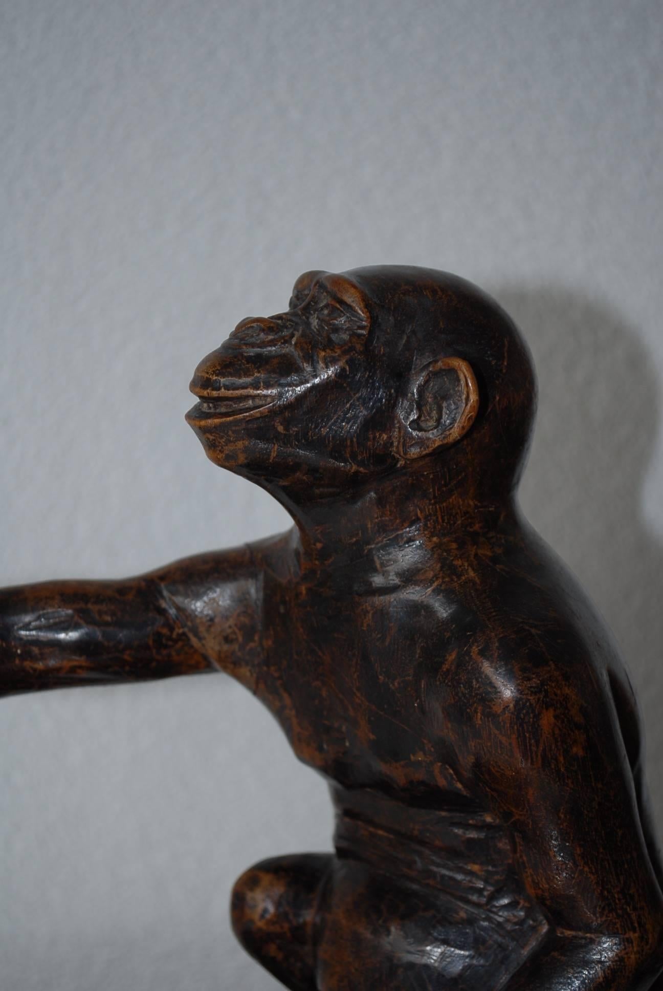 Hand-Carved Rare and Decorative Carved Chimp, Monkey Wooden Table or Desk Lamp Early 1900