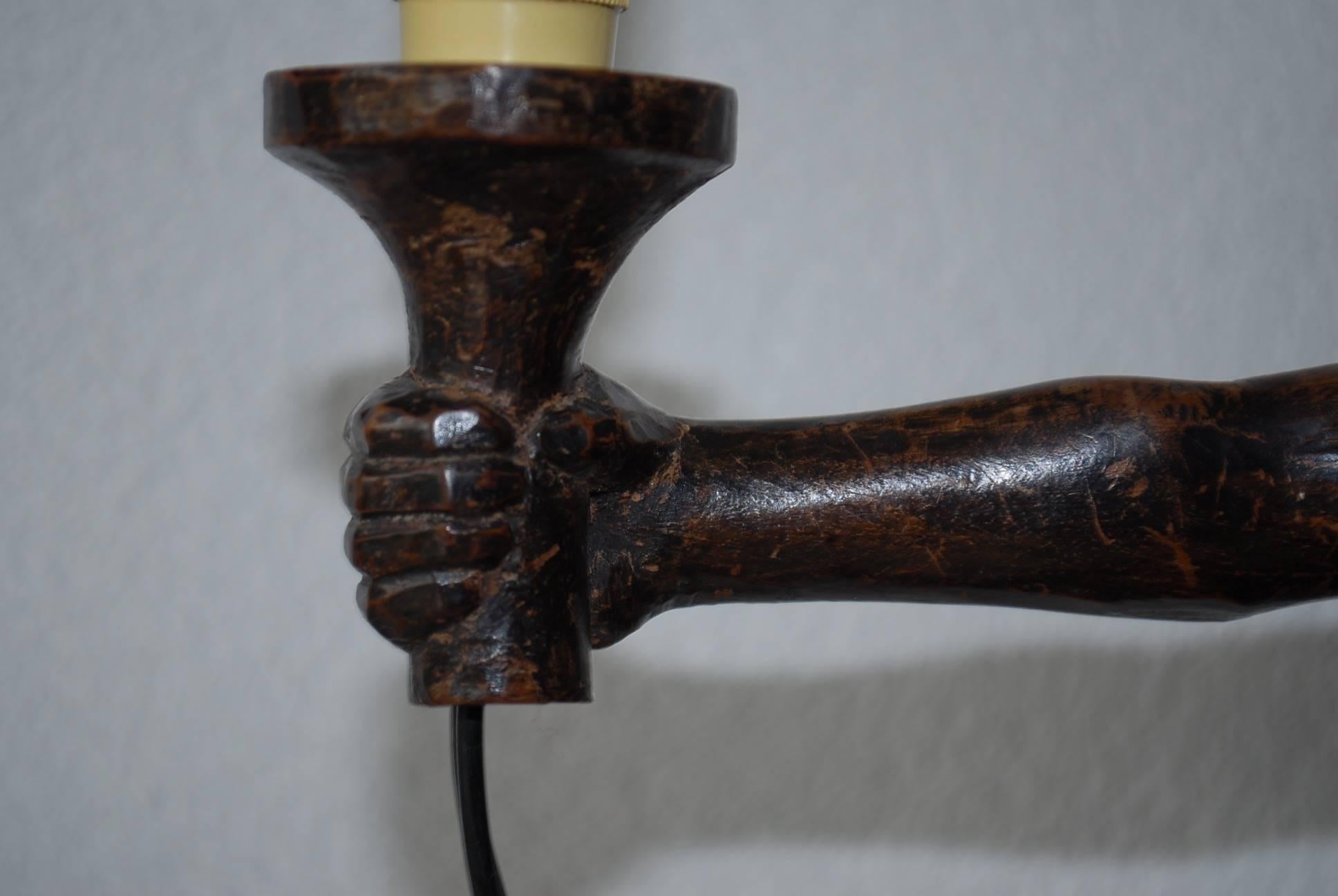 Rare and Decorative Carved Chimp, Monkey Wooden Table or Desk Lamp Early 1900 In Good Condition In Lisse, NL