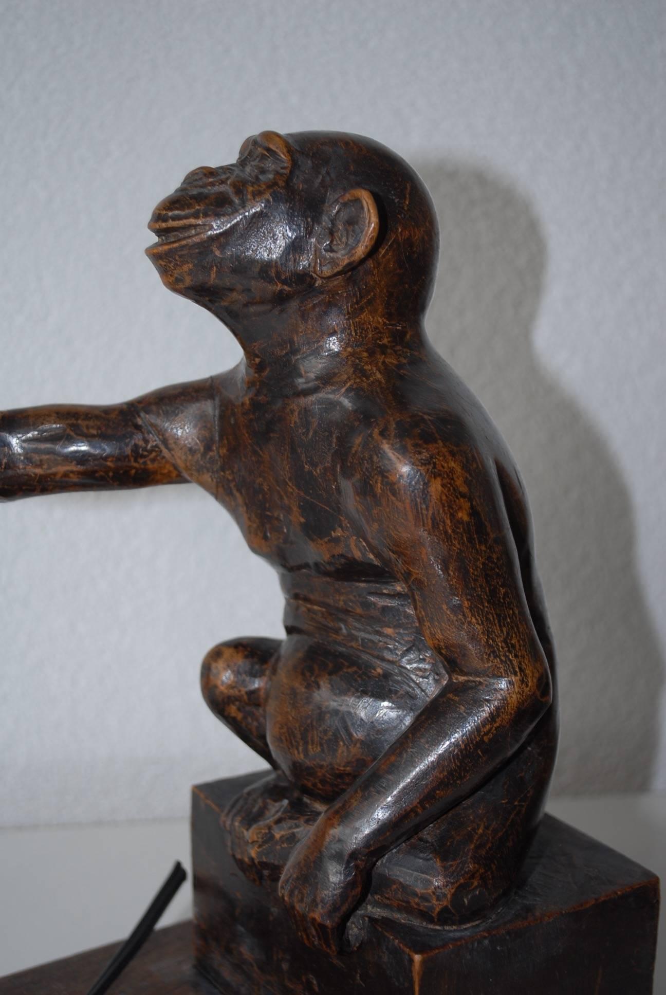 20th Century Rare and Decorative Carved Chimp, Monkey Wooden Table or Desk Lamp Early 1900