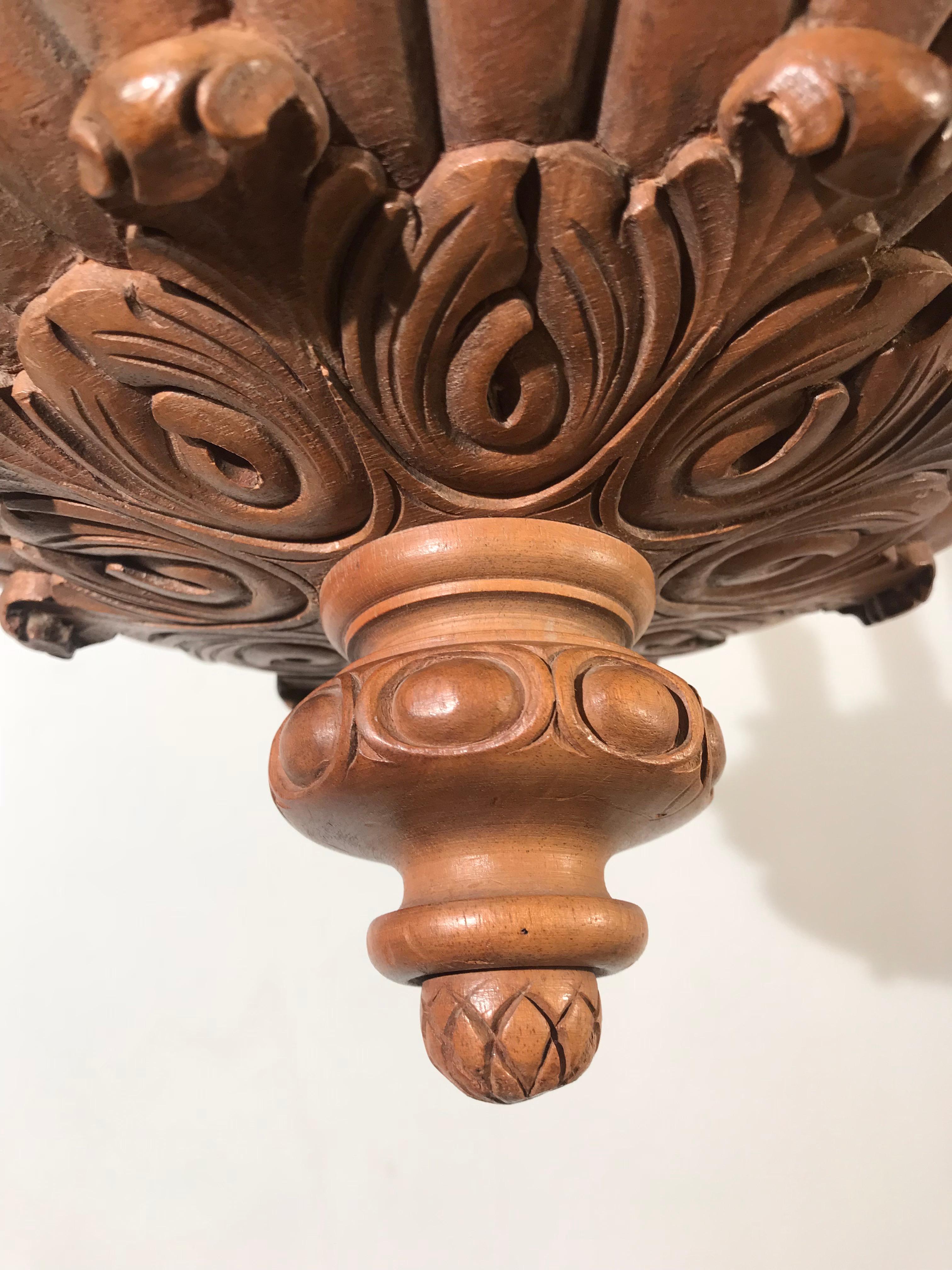 20th Century Rare and Decorative Early 1900s Eight-Light Quality Carved Nutwood Pendant Light For Sale
