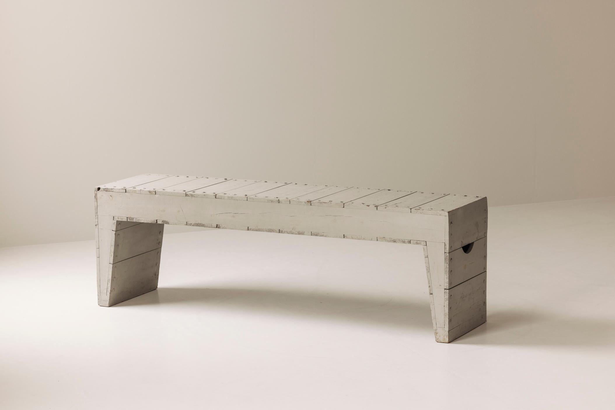 A rare and poetic example of early Bossche School design, this austere yet deeply expressive bench was designed by Dom Hans van der Laan in the 1970s and executed by the Jan de Jong atelier in the Netherlands. A masterclass in proportion and spatial