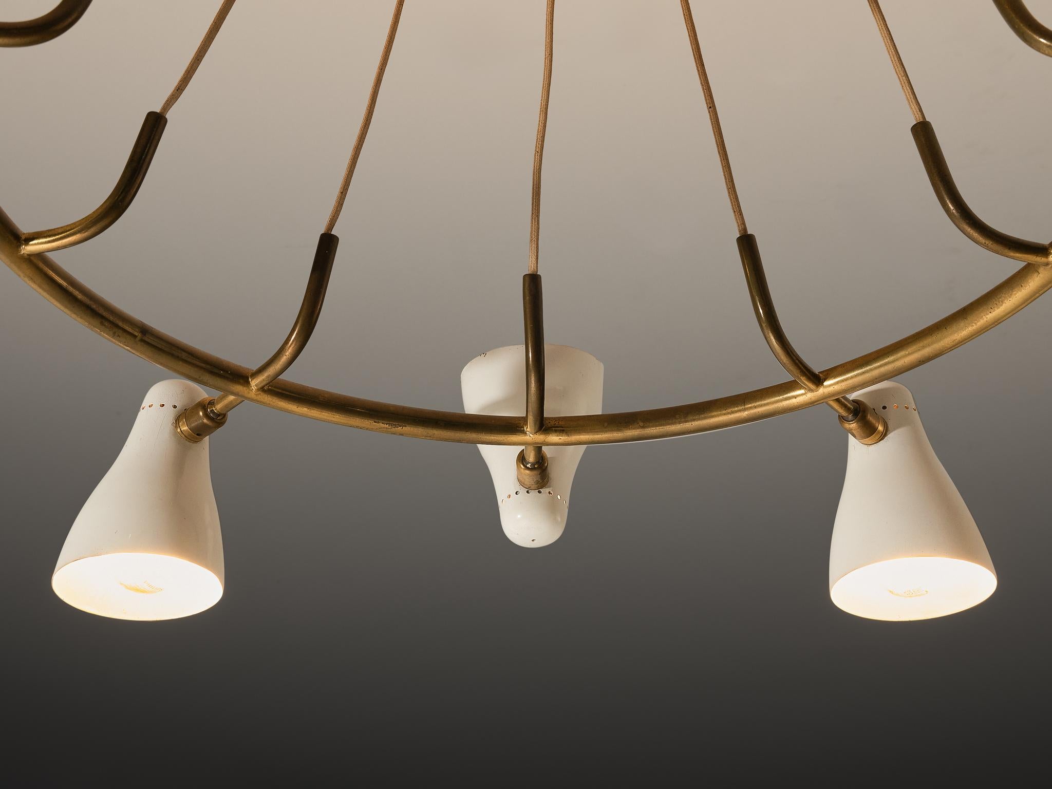 Métal Rare et ancien lustre Giuseppe Ostuni pour O-Luce en laiton avec abat-jour blanc en vente