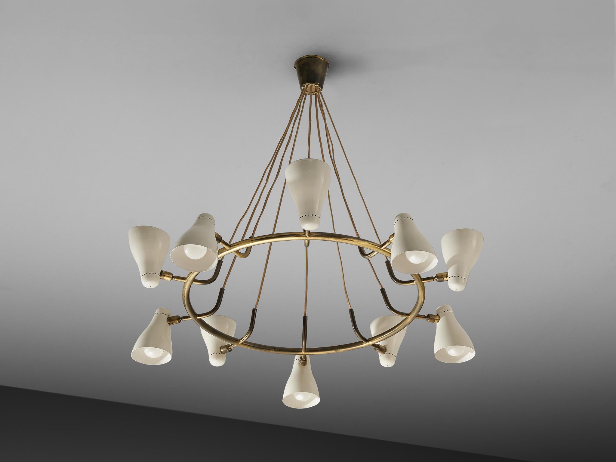 Rare et ancien lustre Giuseppe Ostuni pour O-Luce en laiton avec abat-jour blanc en vente 2