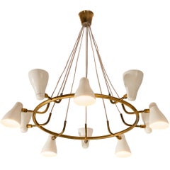 Rare et ancien lustre Giuseppe Ostuni pour O-Luce en laiton avec abat-jour blanc