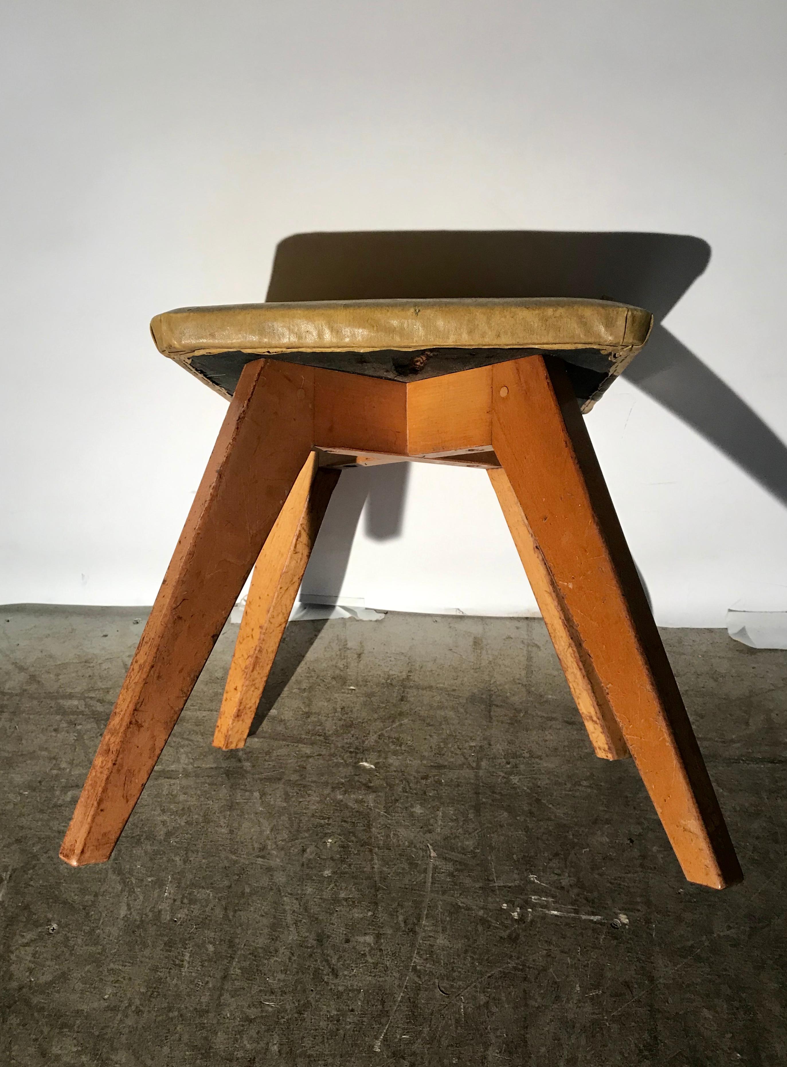 Rare and early Jens Risom stool for Knoll Associates, New York City. Simple, elegant design. Retains original finish as well as original early oil cloth upholstered top. Also original Knoll Associates Label.