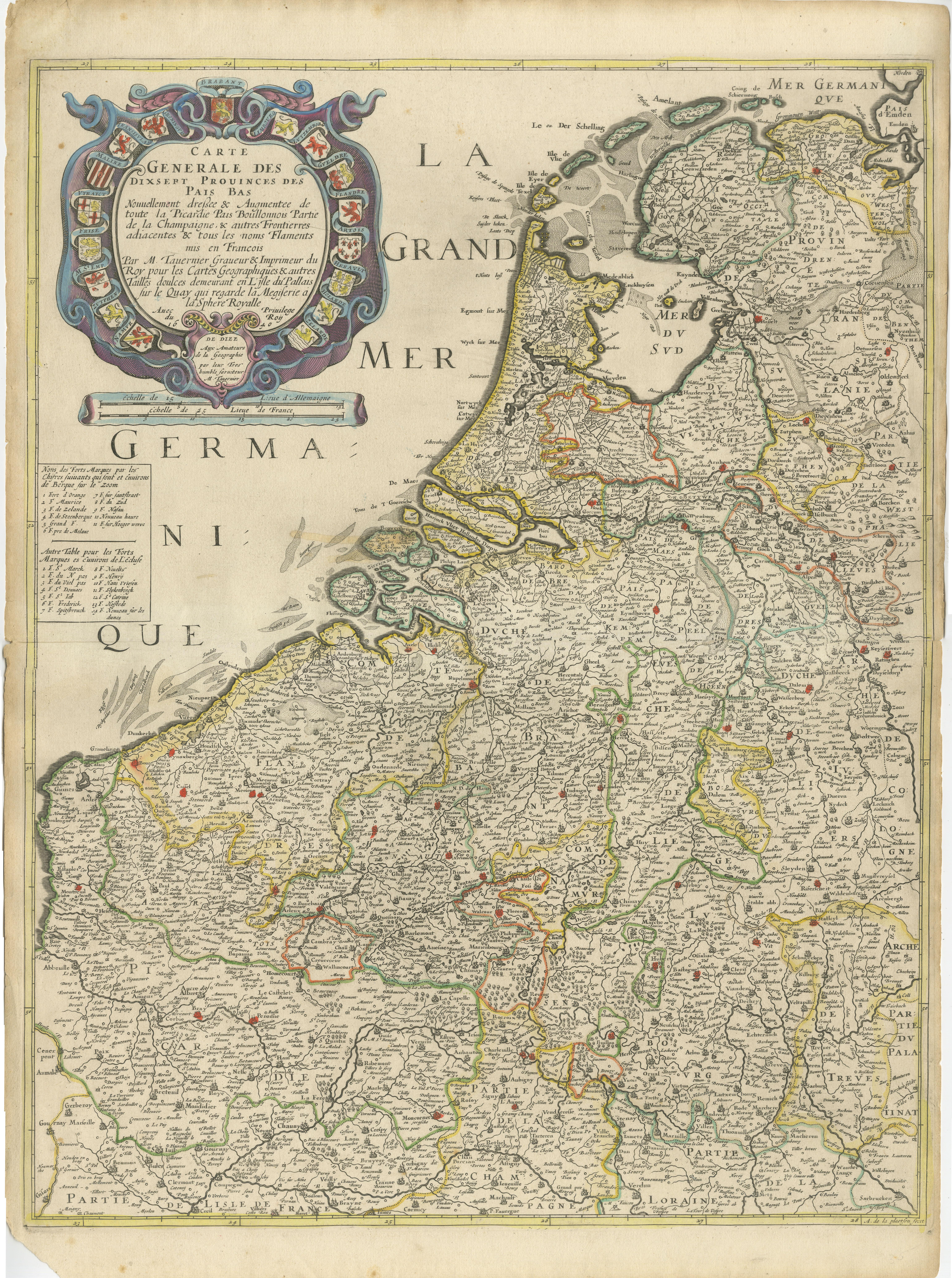 Antique map titled 'Carte Generale des Dixsept Provinces des Pais Bas'. Rare and Early map of the Seventeen Provinces. The Seventeen Provinces were the Imperial states of the Habsburg Netherlands in the 16th century. They roughly covered the Low