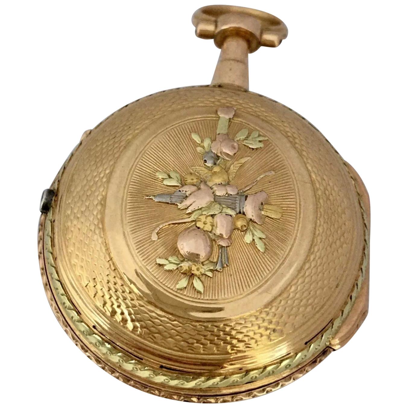 Rare and Early Tri-Color Gold Small Verge Fusee Pocket Watch For Sale