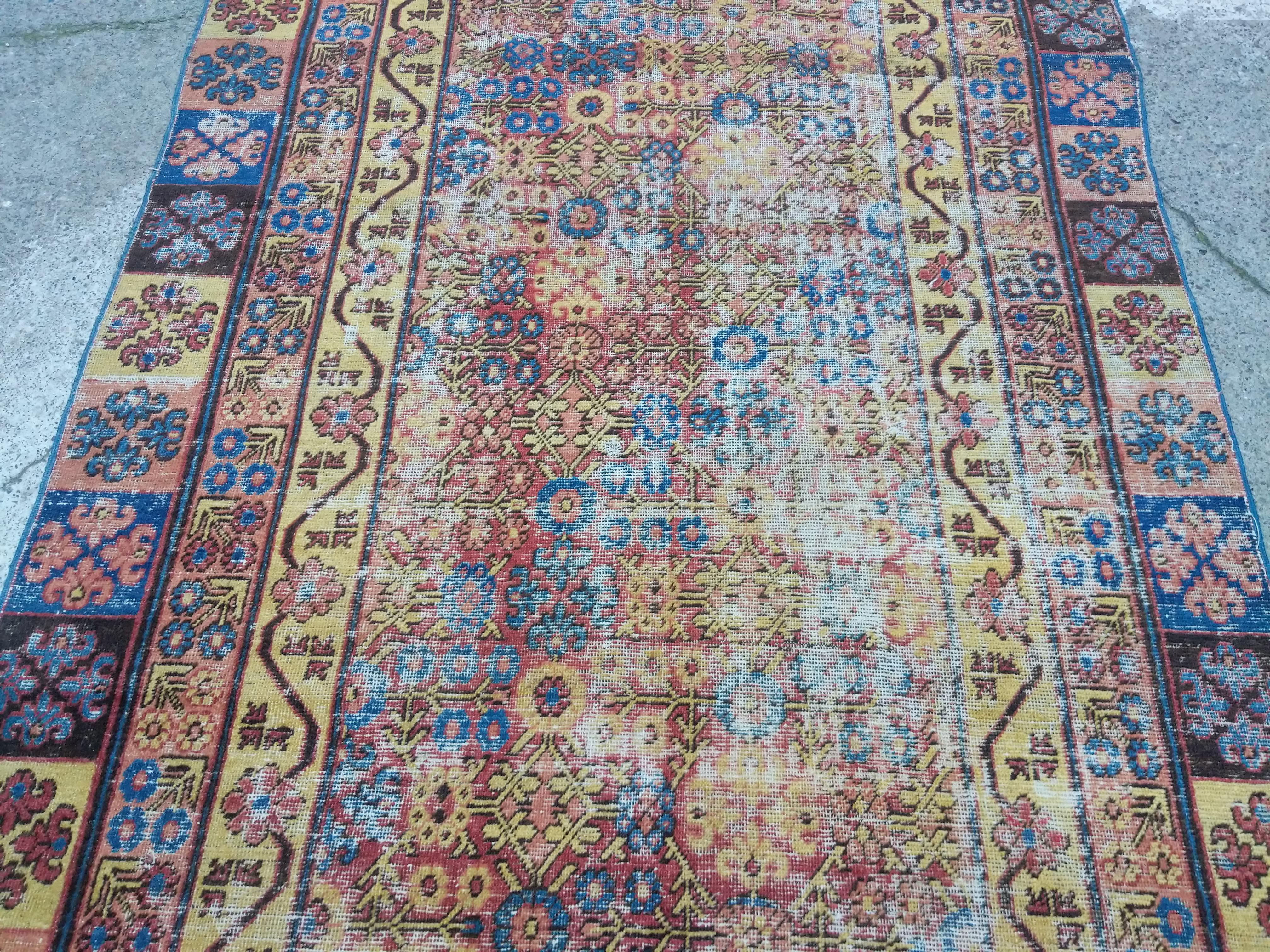 Turkestan Rare and Elegant 18th Century Antique Yarkand Samarkand Distressed Rug For Sale