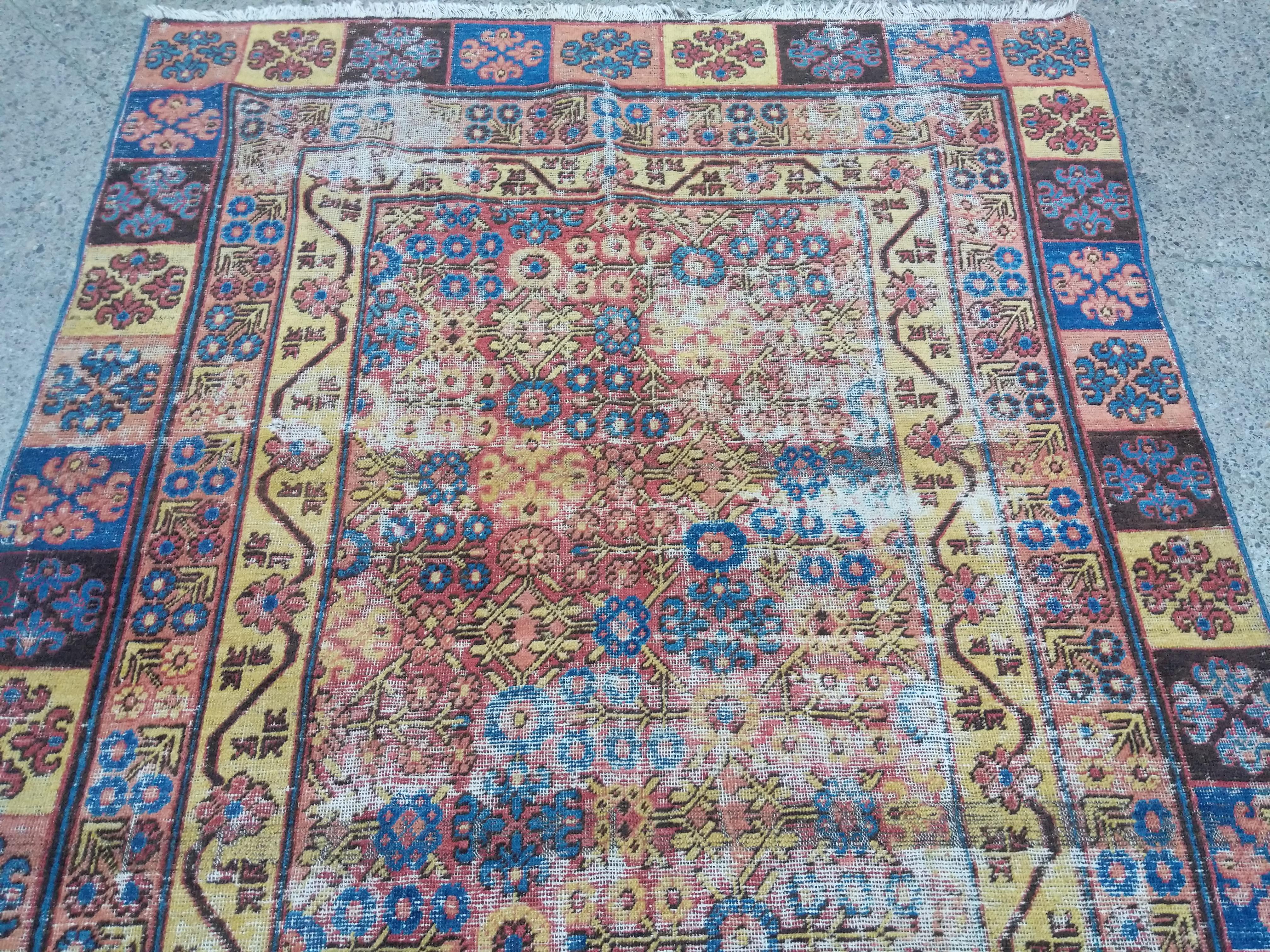 Hand-Knotted Rare and Elegant 18th Century Antique Yarkand Samarkand Distressed Rug For Sale