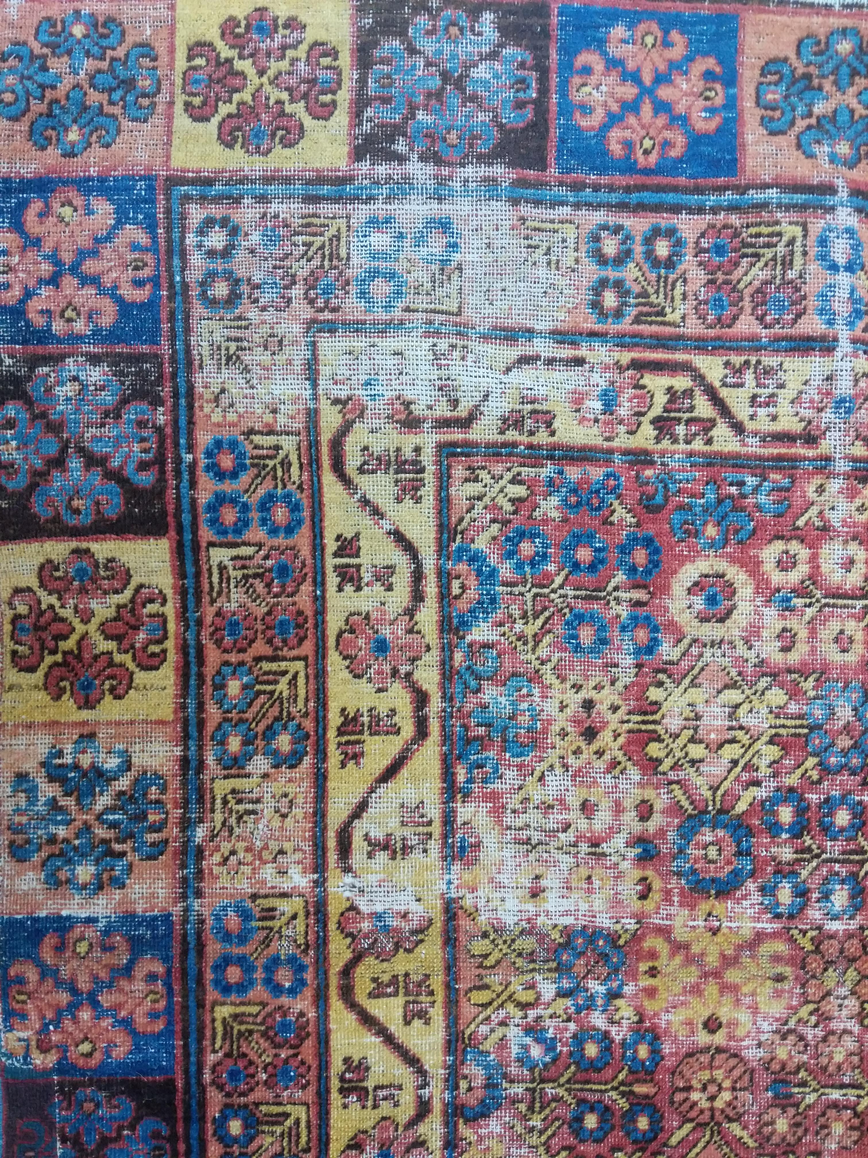 Wool Rare and Elegant 18th Century Antique Yarkand Samarkand Distressed Rug For Sale