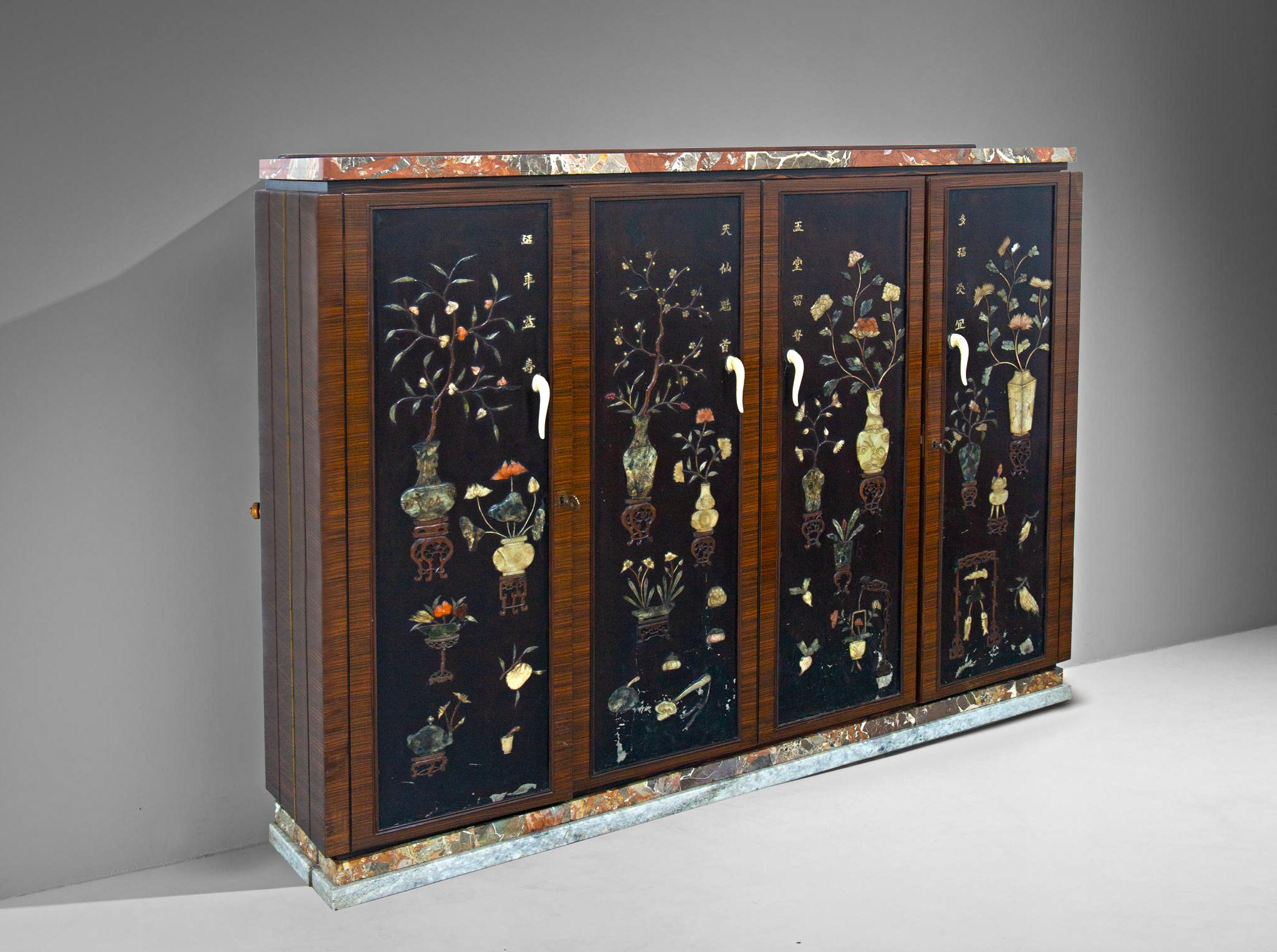 Rare Italian Art Deco Bar Cabinet, 1930s - Marquetry, Jade Inlay & Marble Top
This exceptional and rare Art Deco bar cabinet from the 1930s is a masterpiece of Italian craftsmanship, originally sourced from a noble Lombard residence. The cabinet is