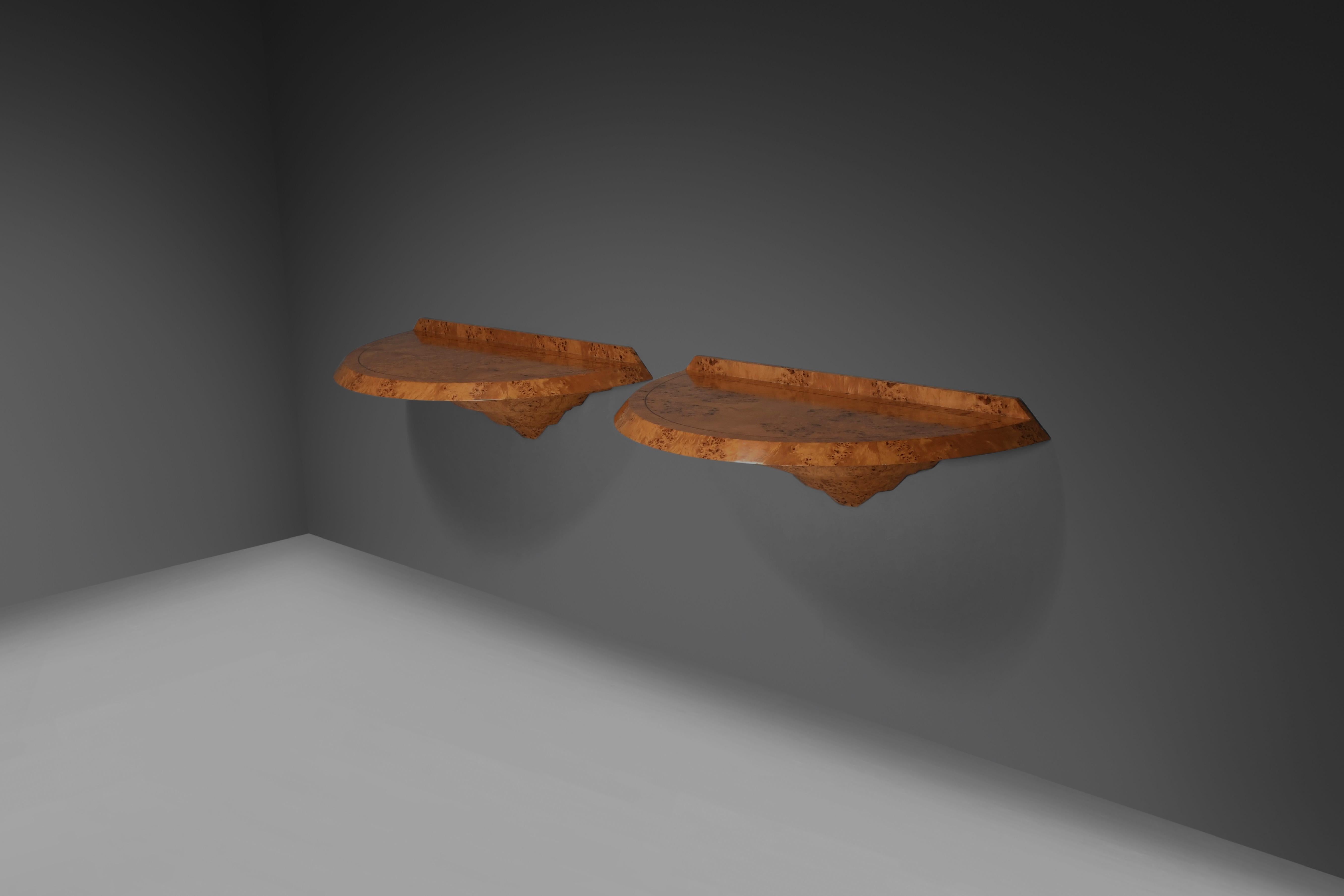 Lacquered Rare and elegant pair of Art Deco Consoles in Burl Wood.