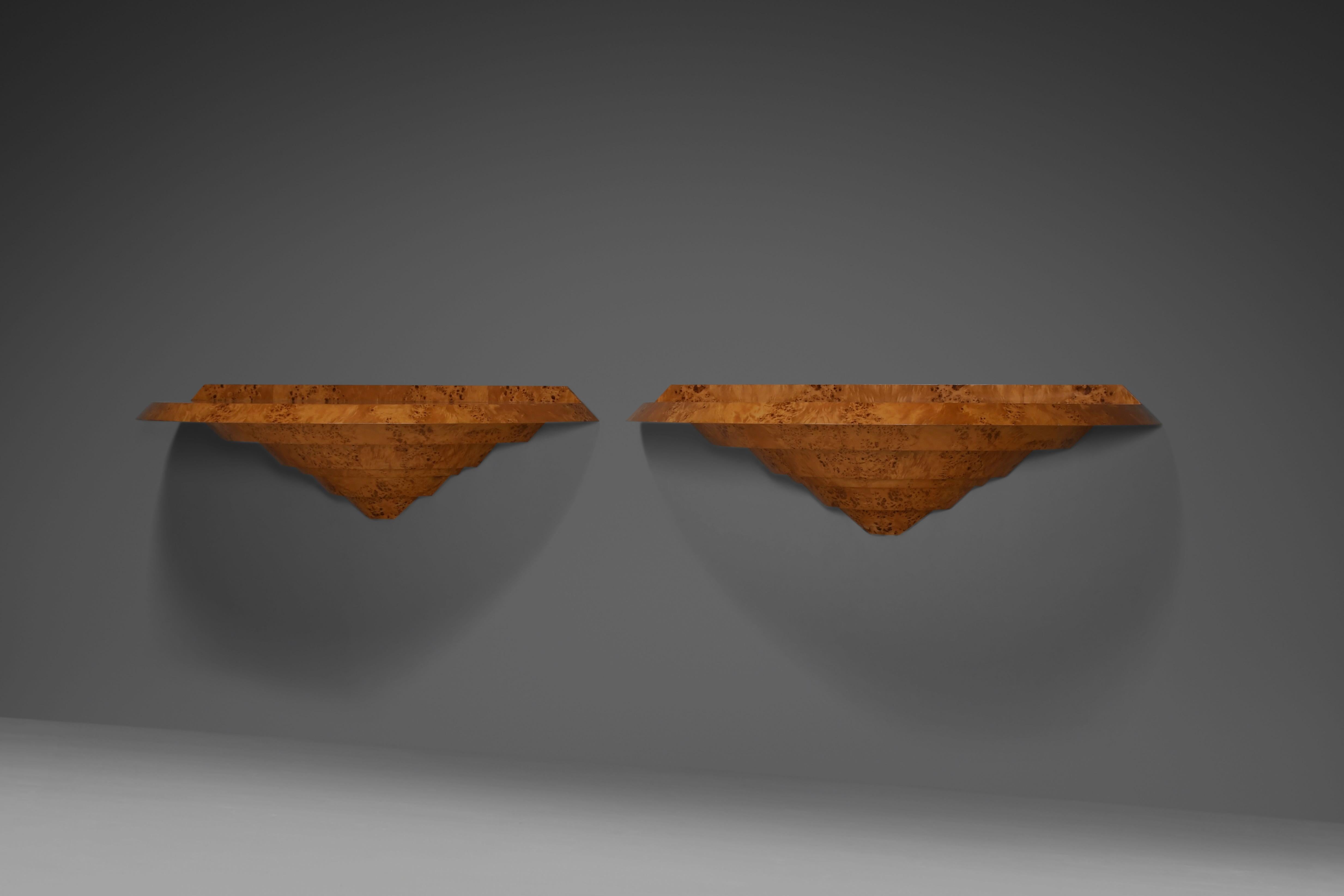 20th Century Rare and elegant pair of Art Deco Consoles in Burl Wood.