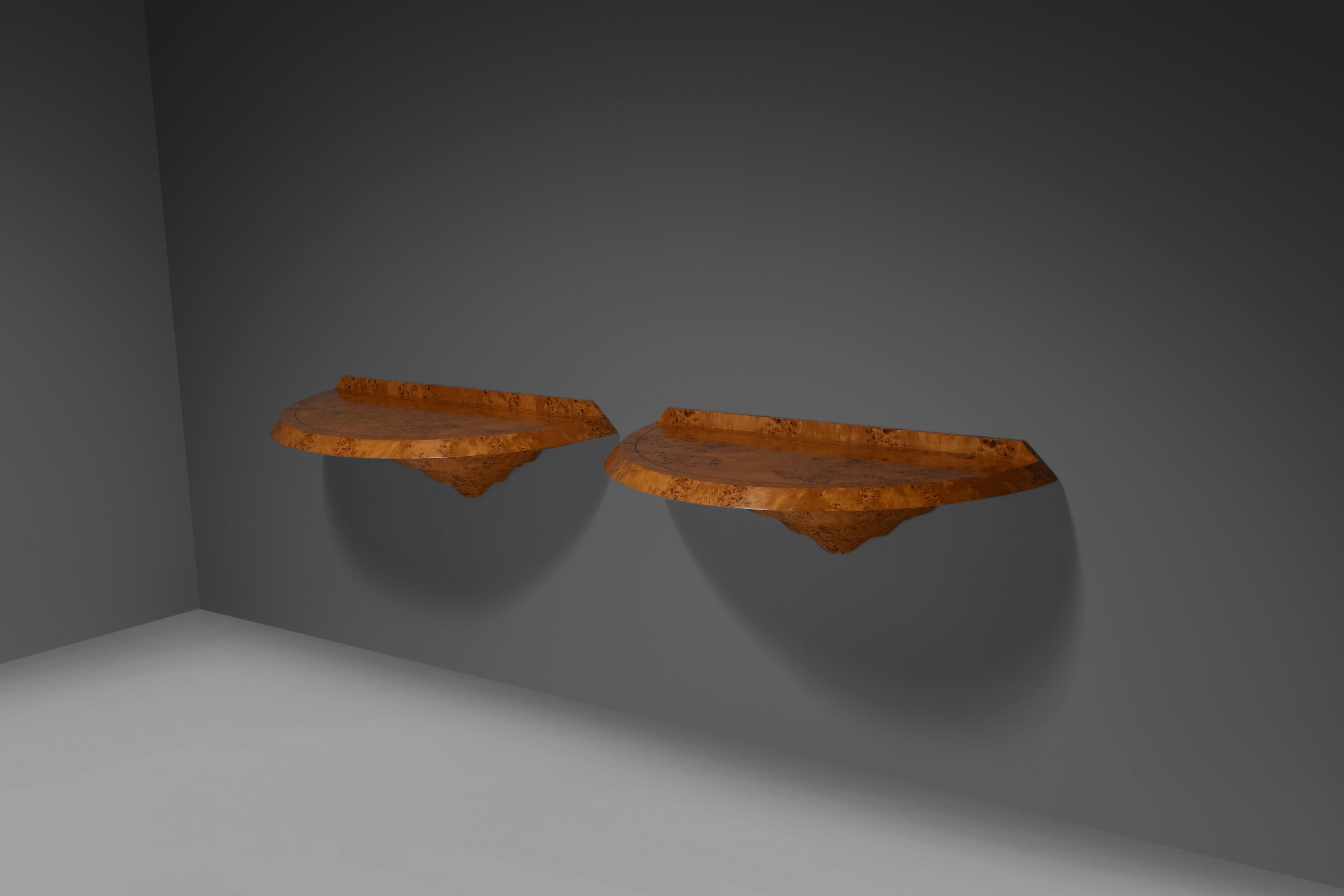 Rare and elegant pair of Art Deco Consoles in Burl Wood. 2