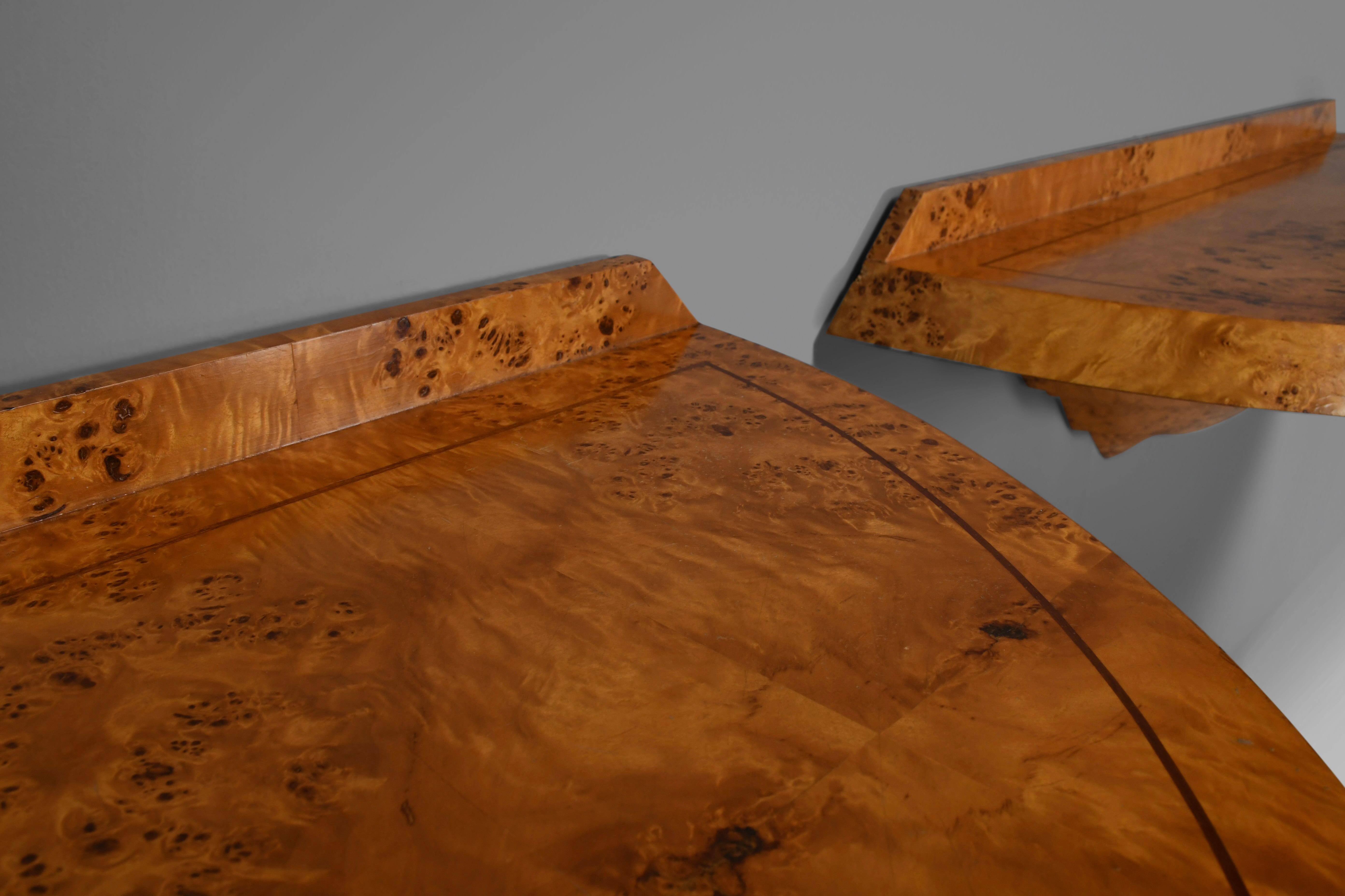 Rare and elegant pair of Art Deco Consoles in Burl Wood. 4