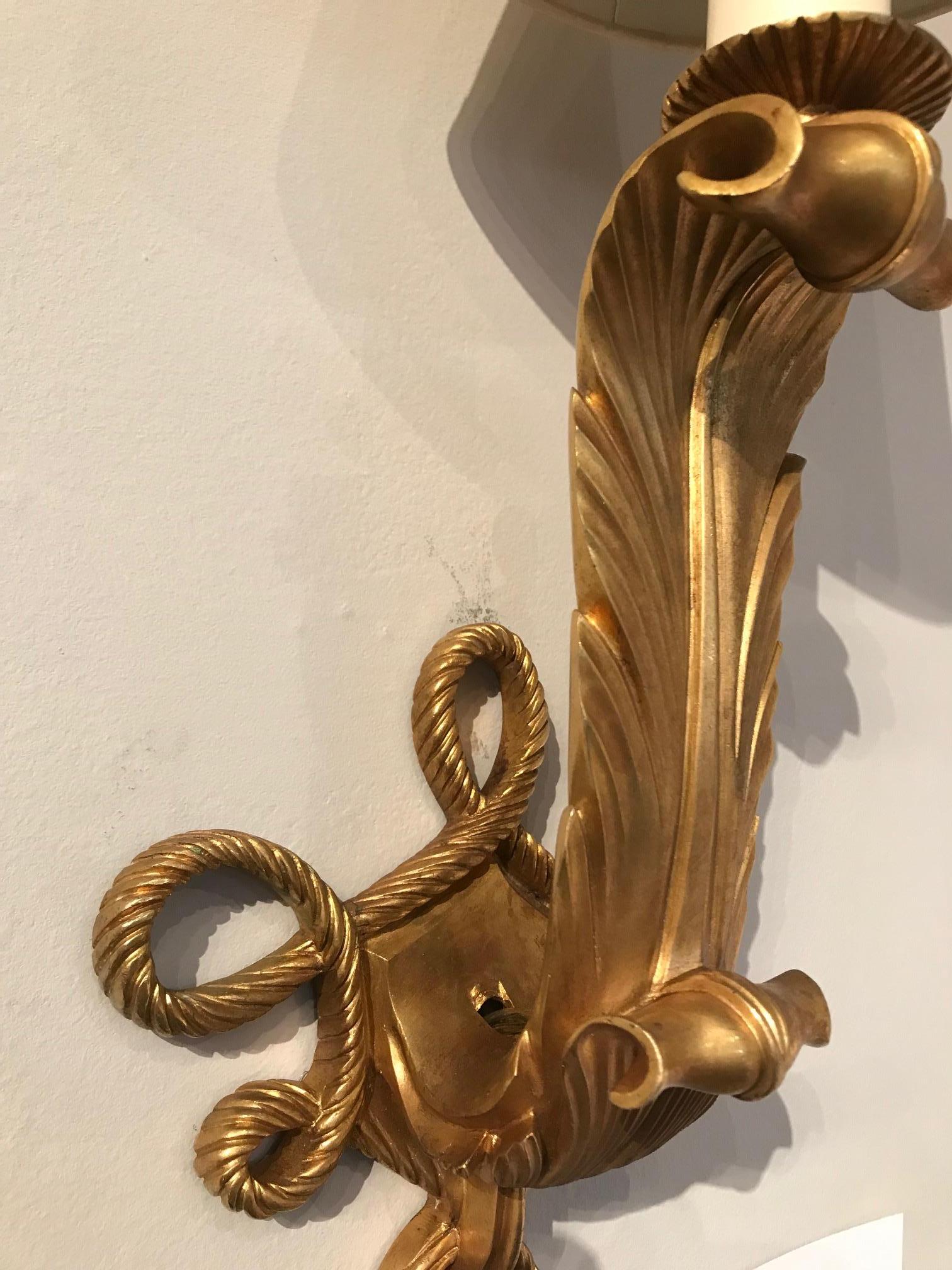 Rare and Elegant Pair of Art Deco Gilt Bronze Sconces by Jules Leleu In Good Condition For Sale In Montreal, QC