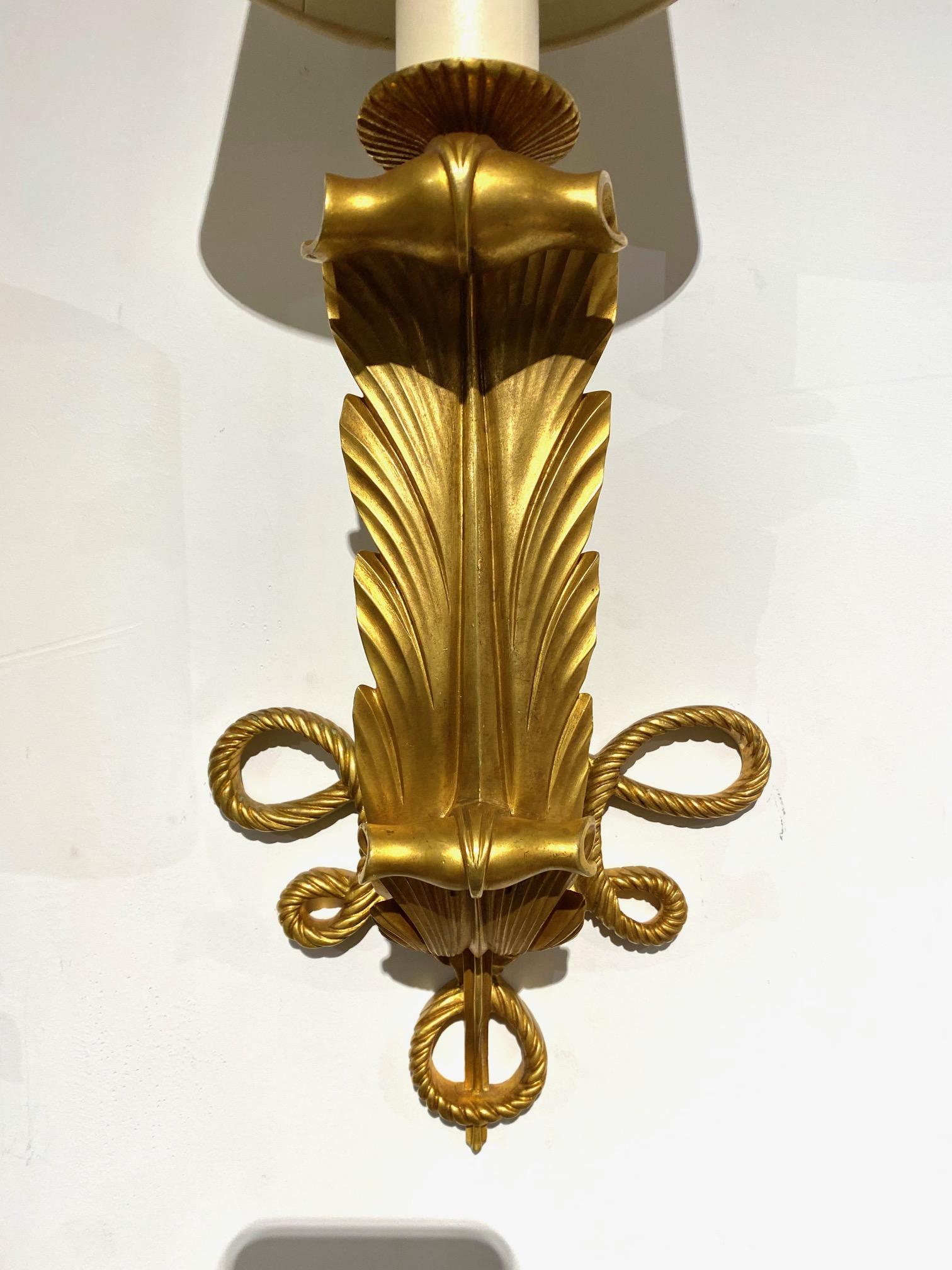 Rare and Elegant Pair of Art Deco Gilt Bronze Sconces by Jules Leleu For Sale 3