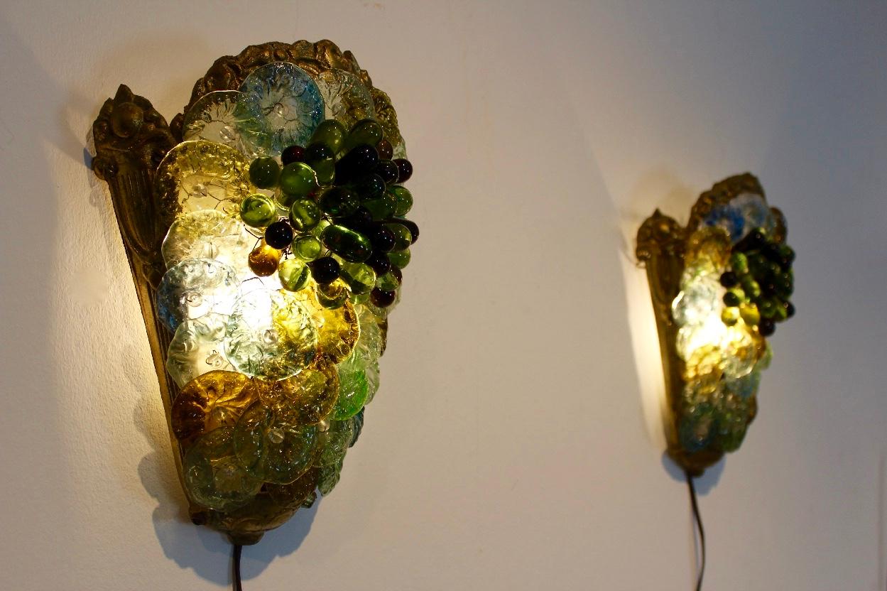 Rare and Elegant Pair of Italian Brass and Murano Glass Sconces, 1950s 6