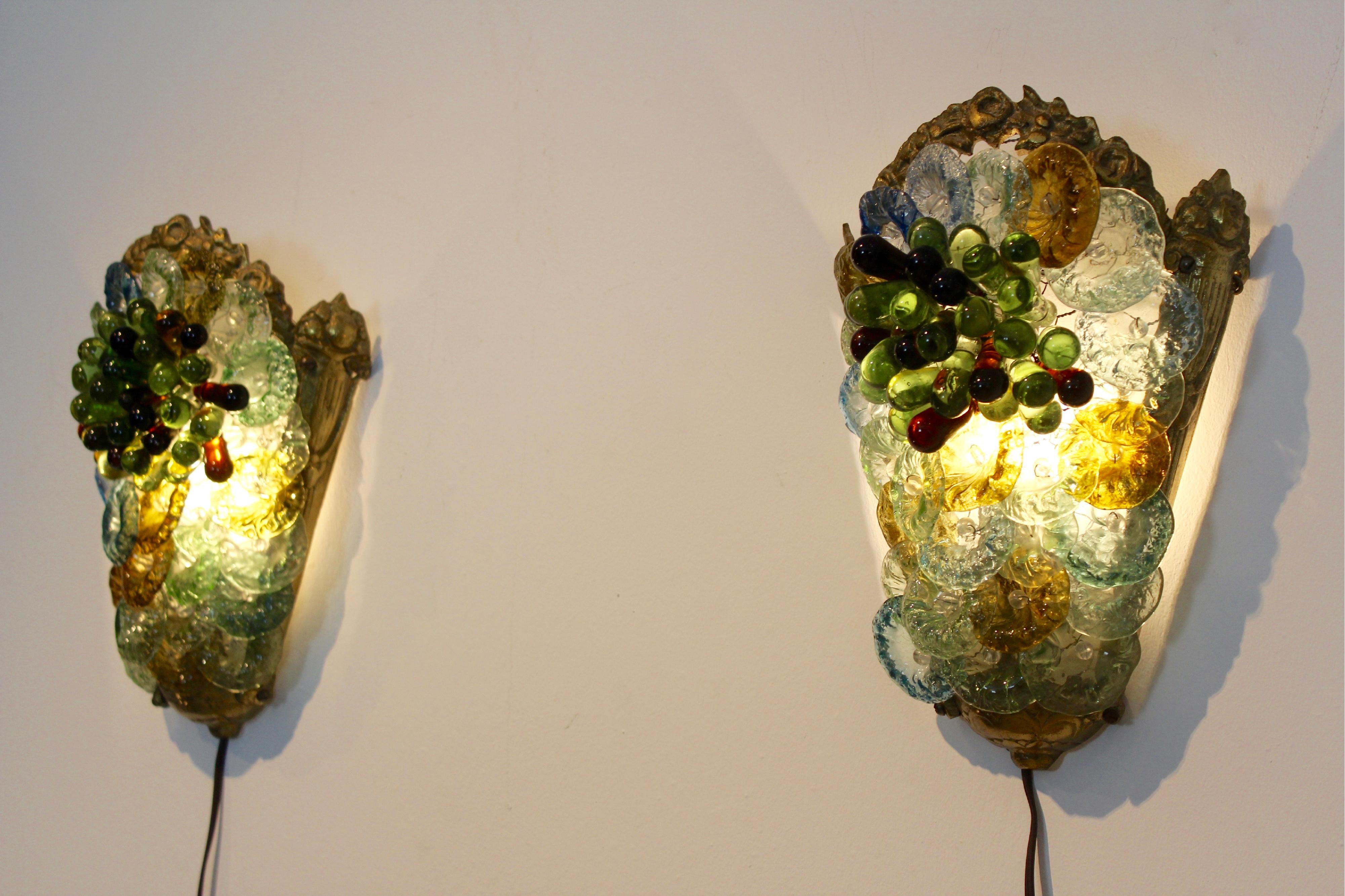 20th Century Rare and Elegant Pair of Italian Brass and Murano Glass Sconces, 1950s