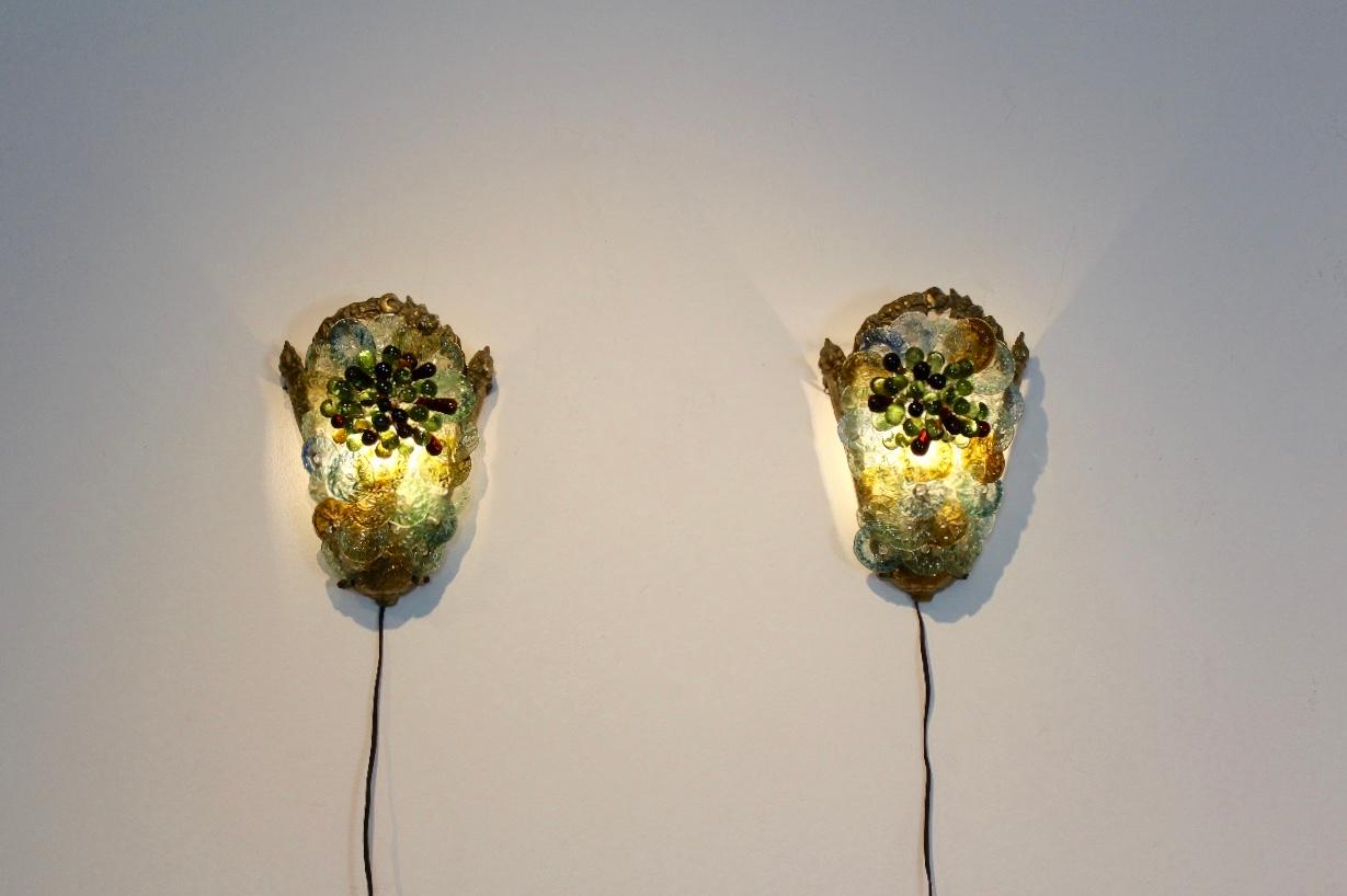 Rare and Elegant Pair of Italian Brass and Murano Glass Sconces, 1950s 2