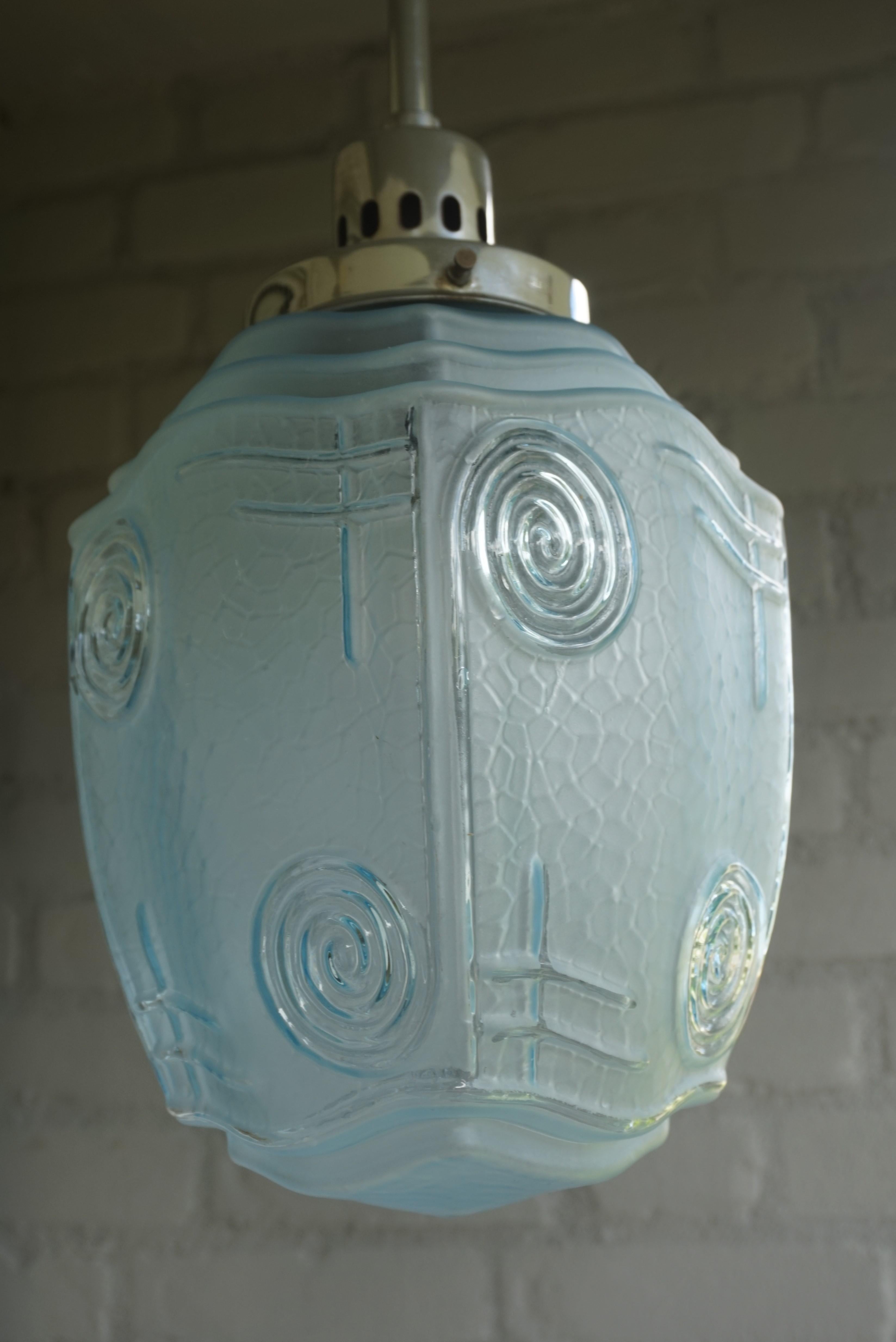 Rare and Excellent Condition Blue Glass and Chrome Metal Art Deco Pendant Light 12