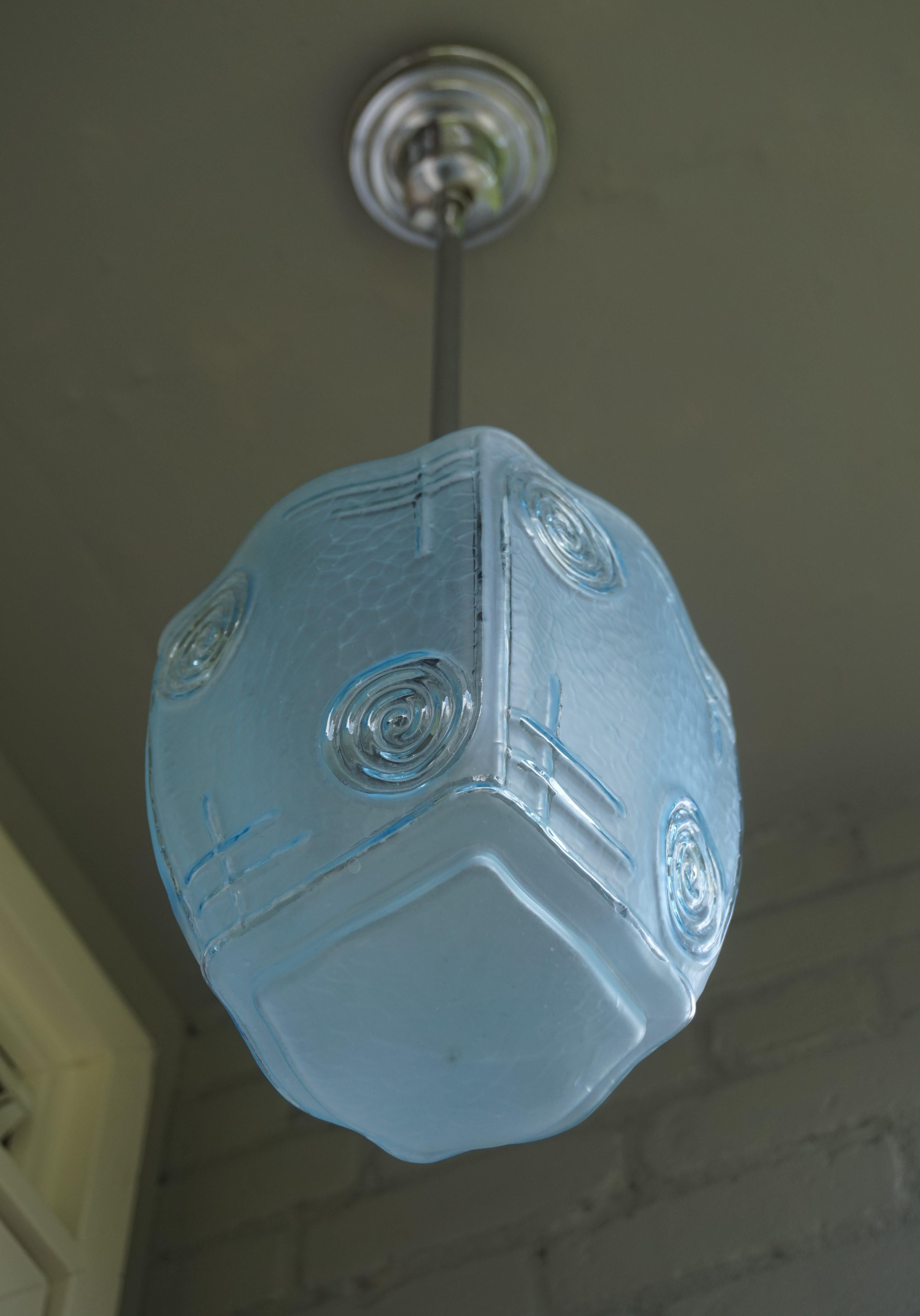Rare and Excellent Condition Blue Glass and Chrome Metal Art Deco Pendant Light 13
