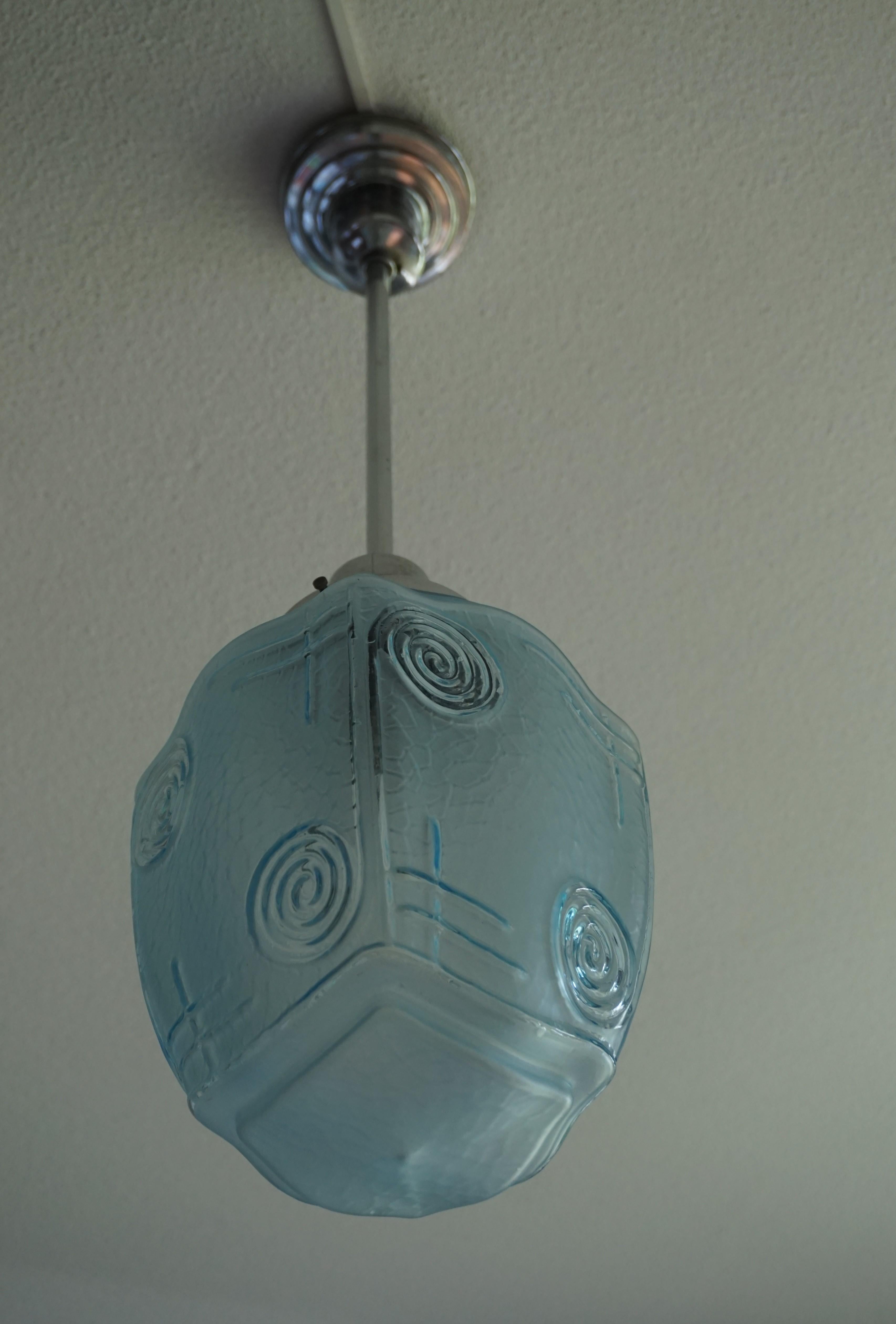 French Rare and Excellent Condition Blue Glass and Chrome Metal Art Deco Pendant Light