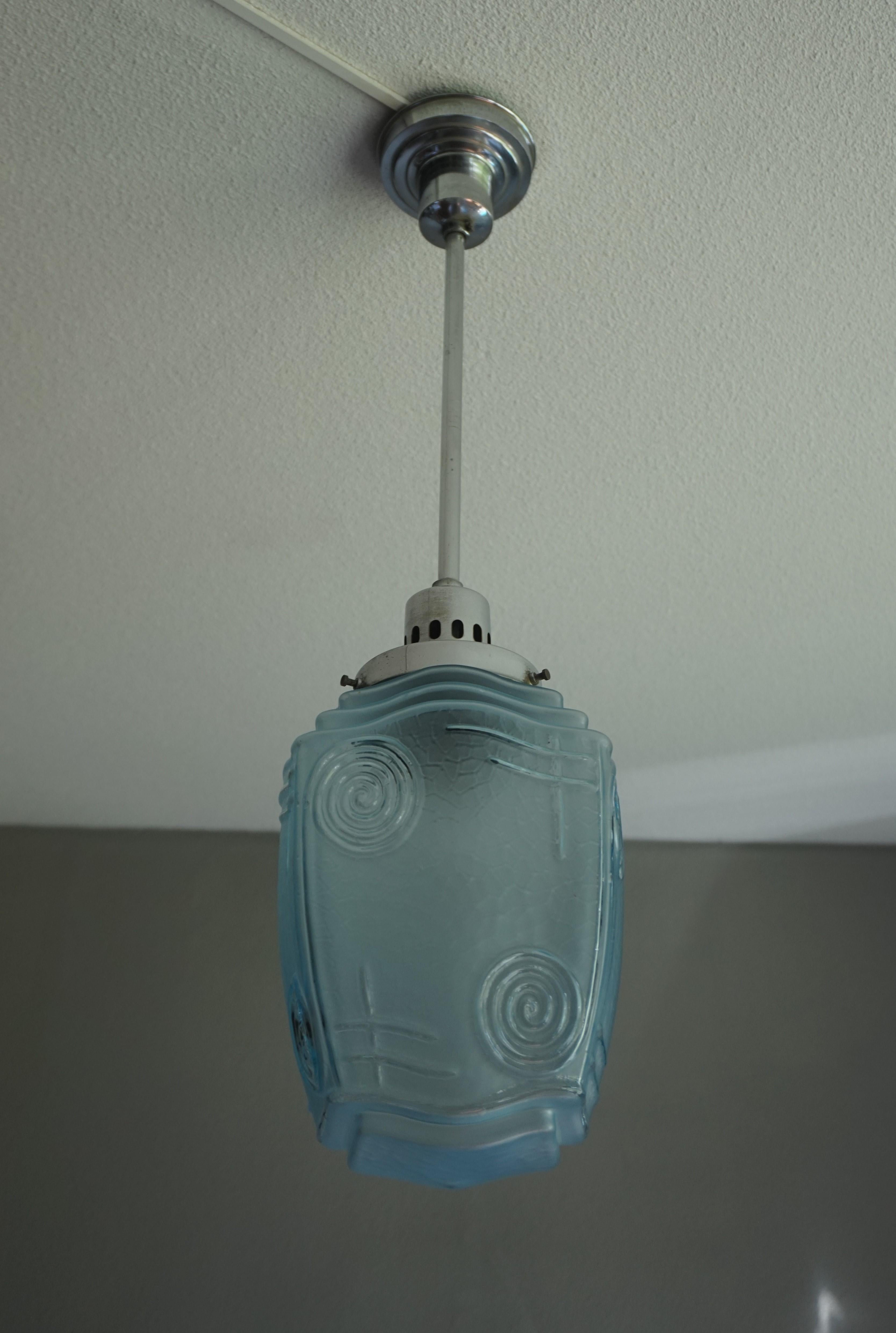 Hand-Crafted Rare and Excellent Condition Blue Glass and Chrome Metal Art Deco Pendant Light