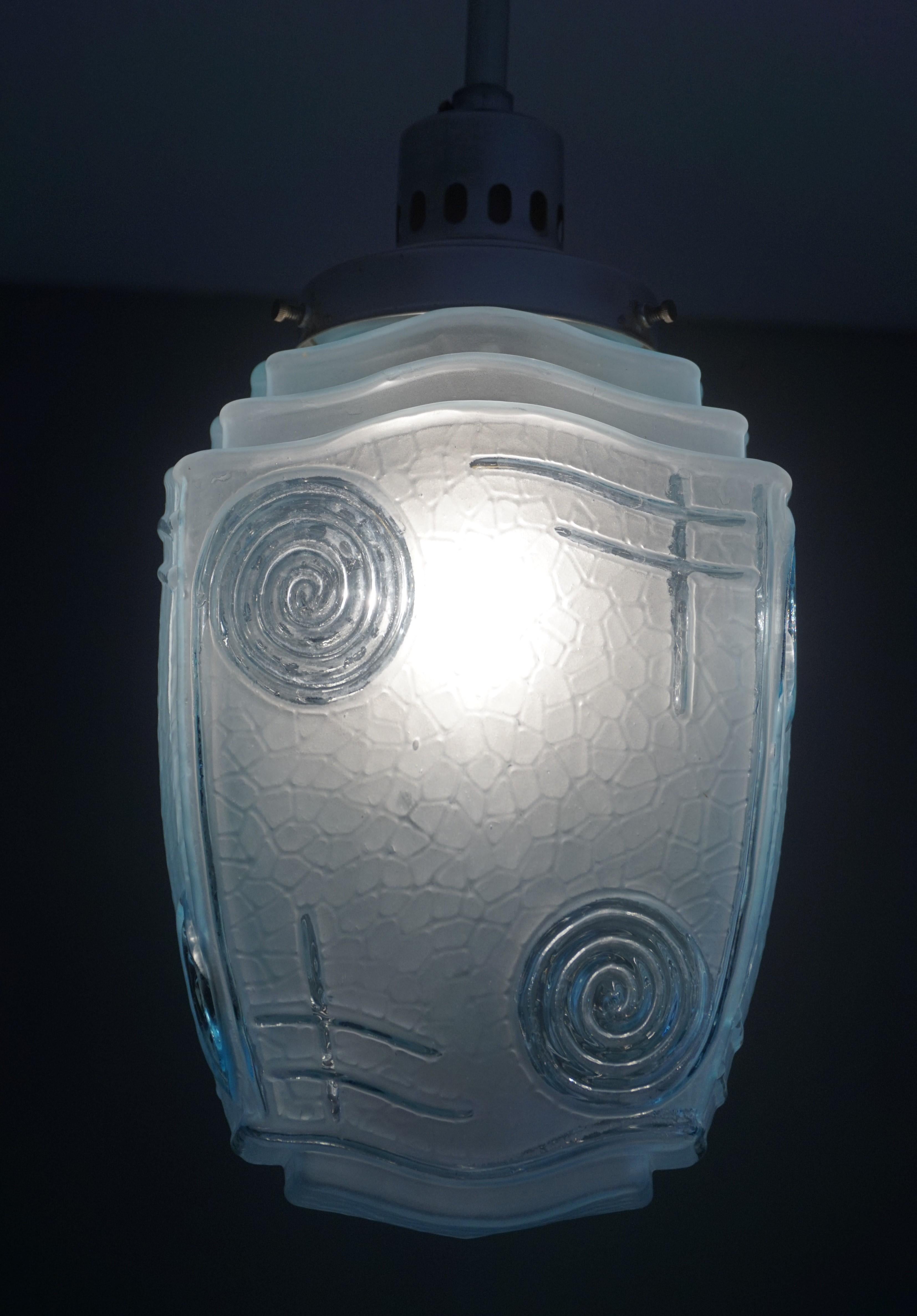 20th Century Rare and Excellent Condition Blue Glass and Chrome Metal Art Deco Pendant Light