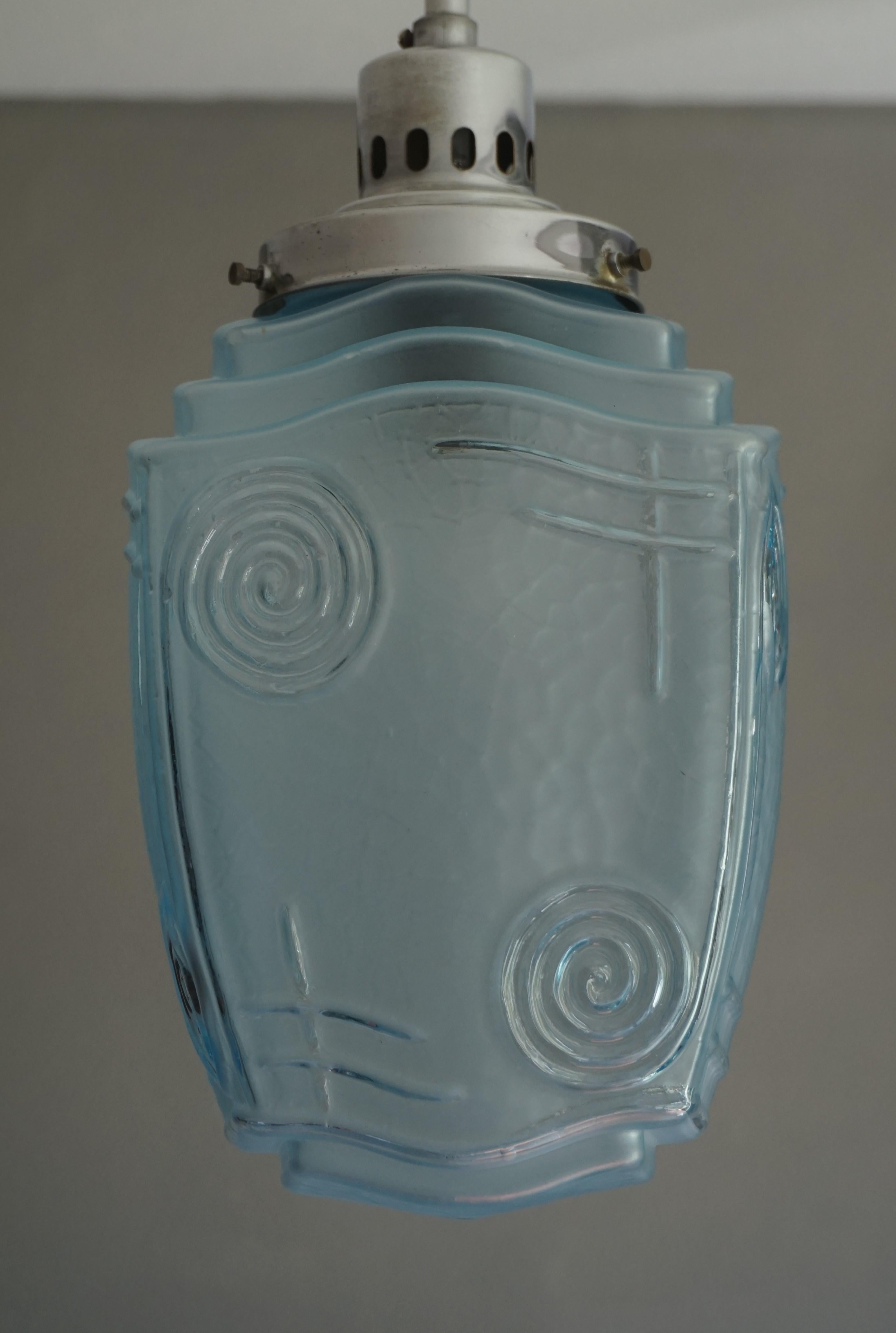 Rare and Excellent Condition Blue Glass and Chrome Metal Art Deco Pendant Light 1