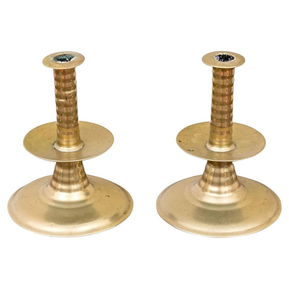 Rare And Exceptional Pair Of Charles II Trumpet Form Brass Candlesticks For Sale