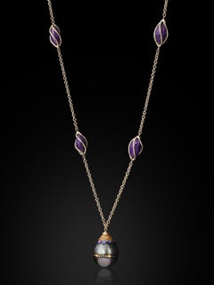 Rare and Exceptional Sugilite Makume  Pearl 18k Gold Necklace