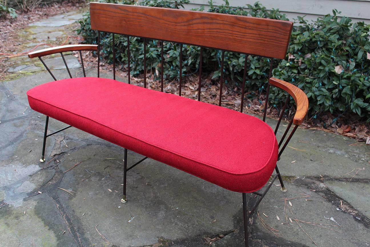 Rare and fantastic selrite three-seat settee with red wool upholstery. Also have nine dining armchairs out of the same estate.