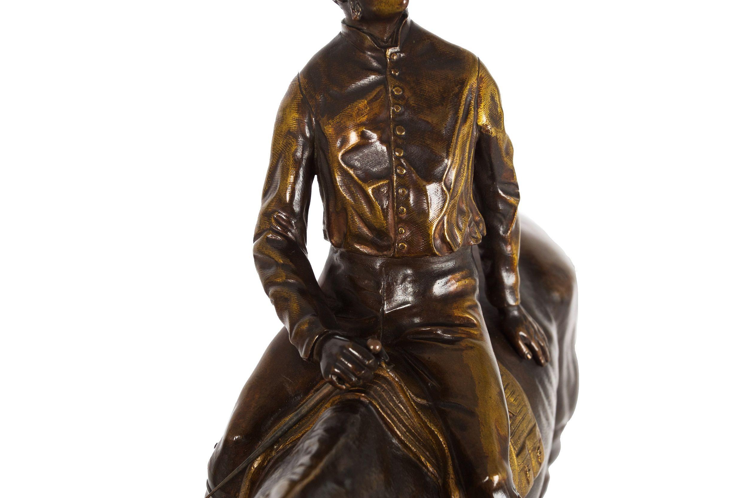 Seltene und feine antike Bronzeskulptur Pferd und Jockey von A.E. Dubucand im Angebot 11