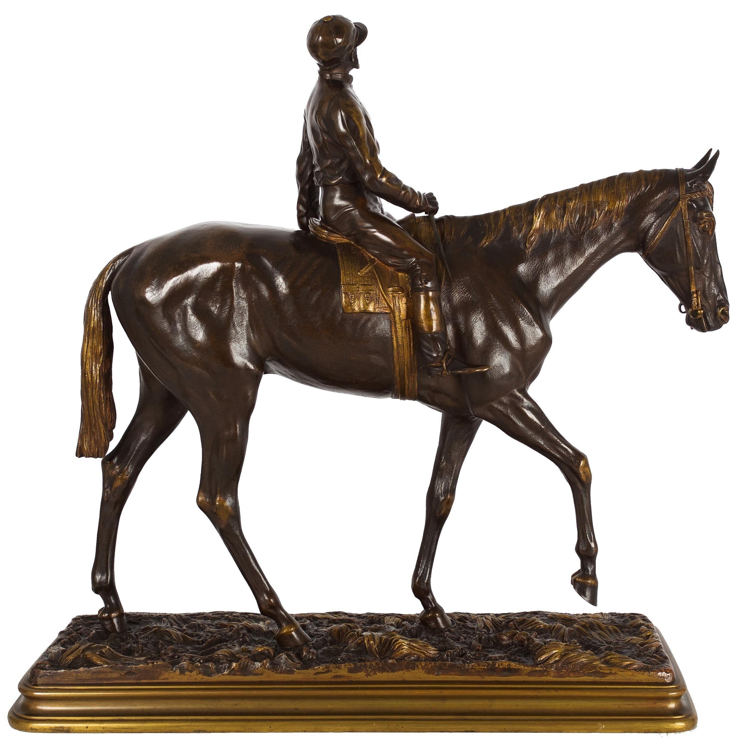 A.E. DUBUCAND
Français, fl. 1883-1890

Un cheval et un jockey

Bronze coulé dans le sable, patiné, brun moyen et doré parcellaire  Signé en bas 