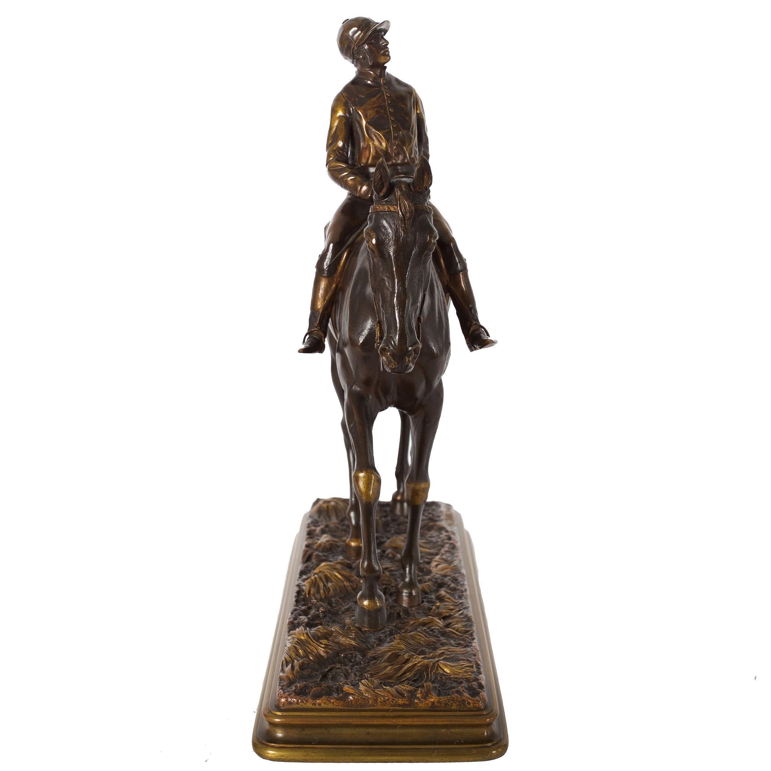 Seltene und feine antike Bronzeskulptur Pferd und Jockey von A.E. Dubucand (Romantik) im Angebot